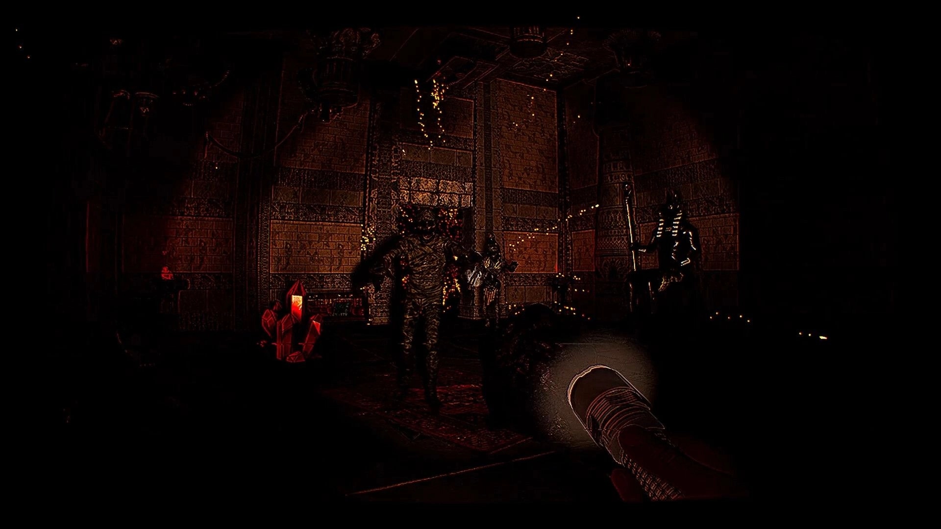 FLOOR 100: Player with flashlight faces mummy enemy in dark, ancient temple with glowing red crystals.
