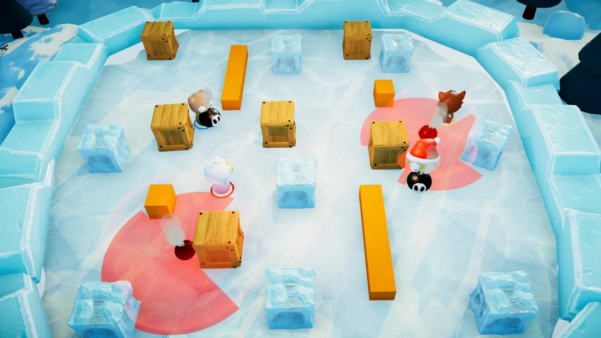 Floor is...What!?: Bobbleheaded toys navigate icy arena with blocks and red danger zones visible