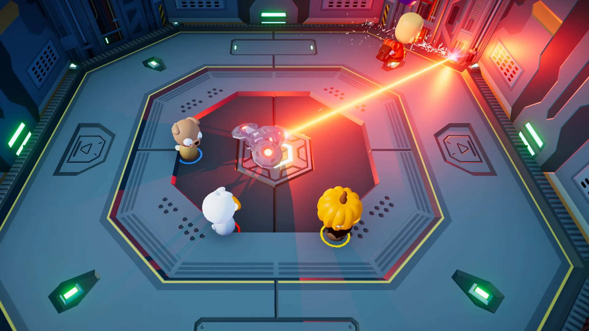 Floor is...What!?: Four toy characters dodge a laser beam in a futuristic arena with glowing panels.