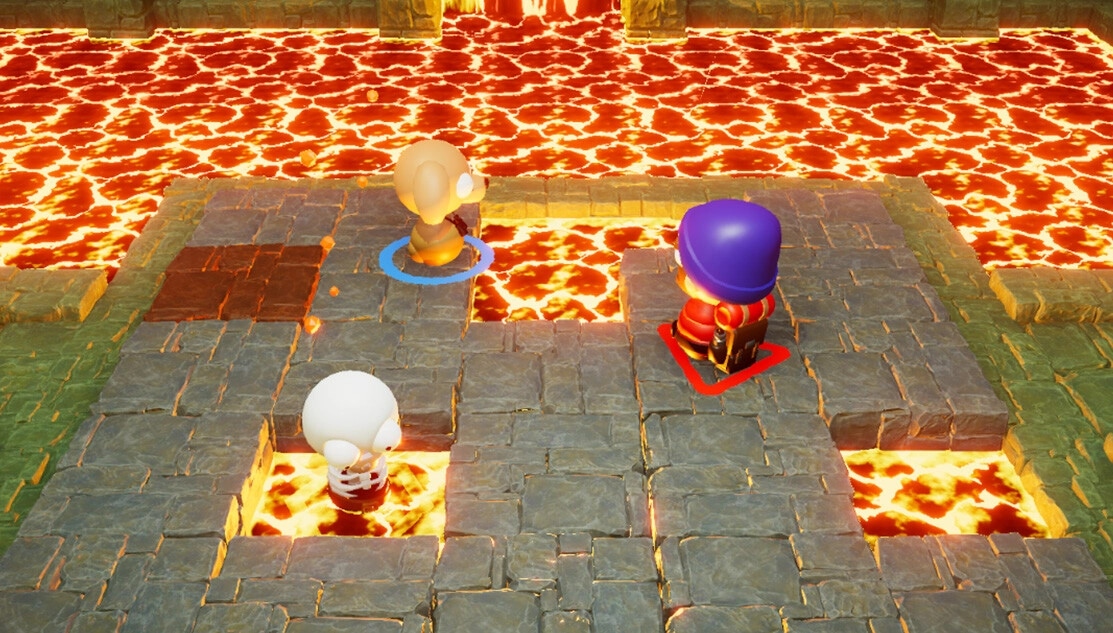 Floor is...What!?: Three bobbleheaded characters navigate a lava-filled platform in a precarious setting.
