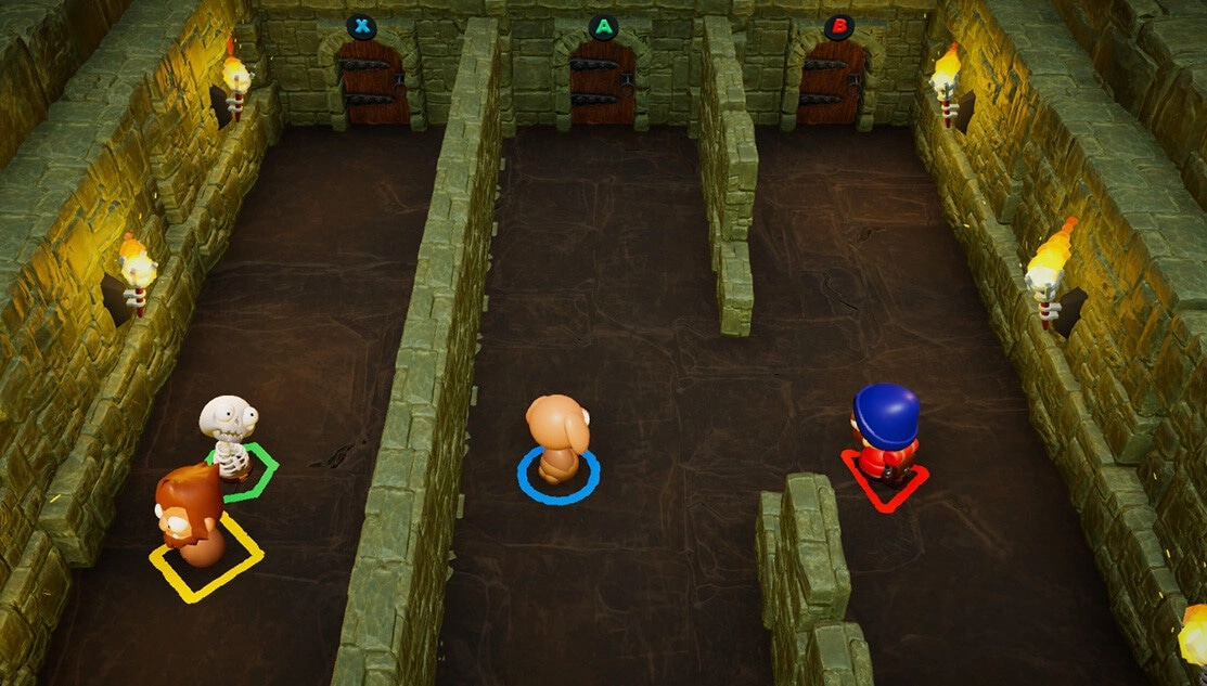 Floor is...What!?: Four toy characters navigate a dungeon maze with torchlit stone walls and doors.