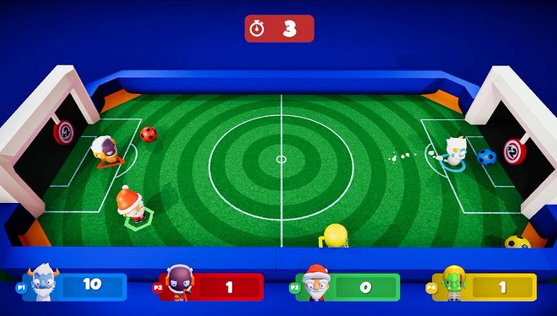 Floor is...What!?: Bobblehead soccer match with four players on a vibrant, circular field setting.