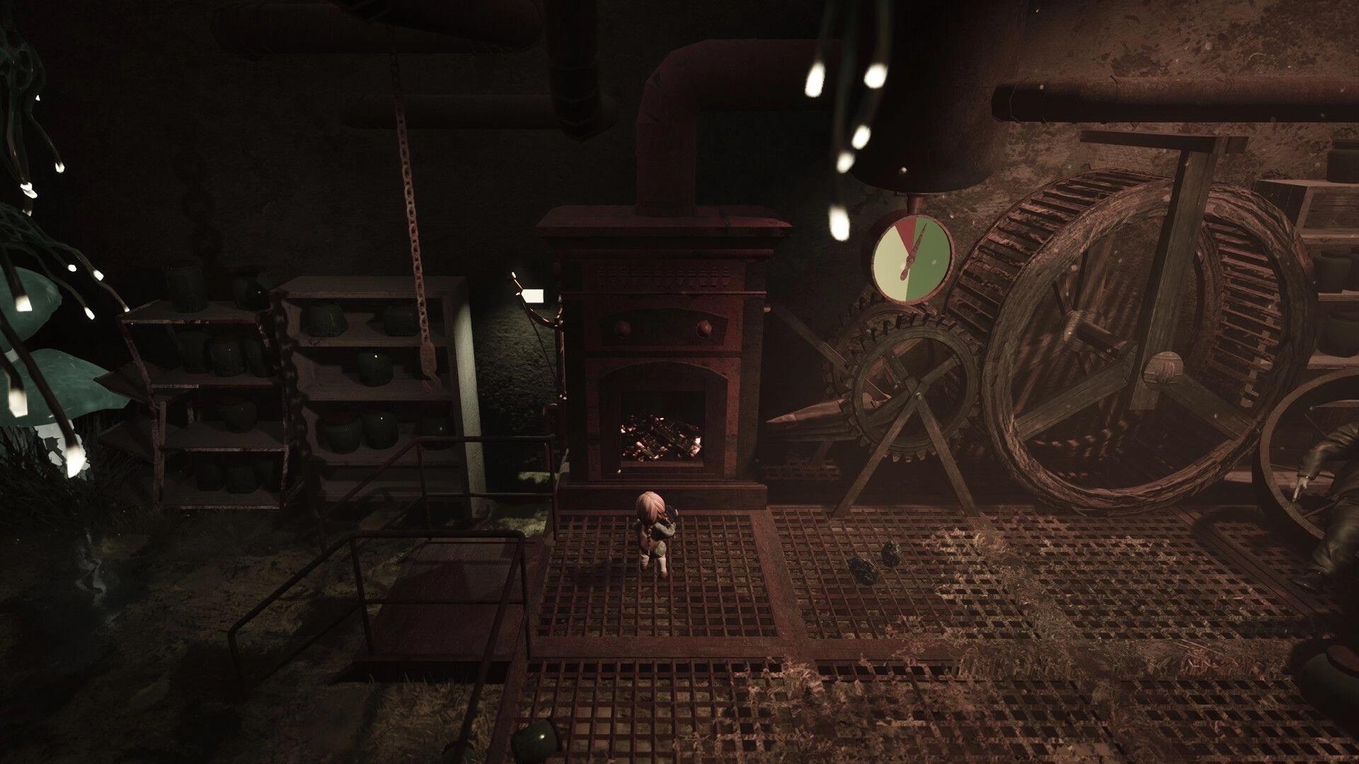 Floralis: Character exploring dimly lit industrial room with gears, furnace, and shelves of pots