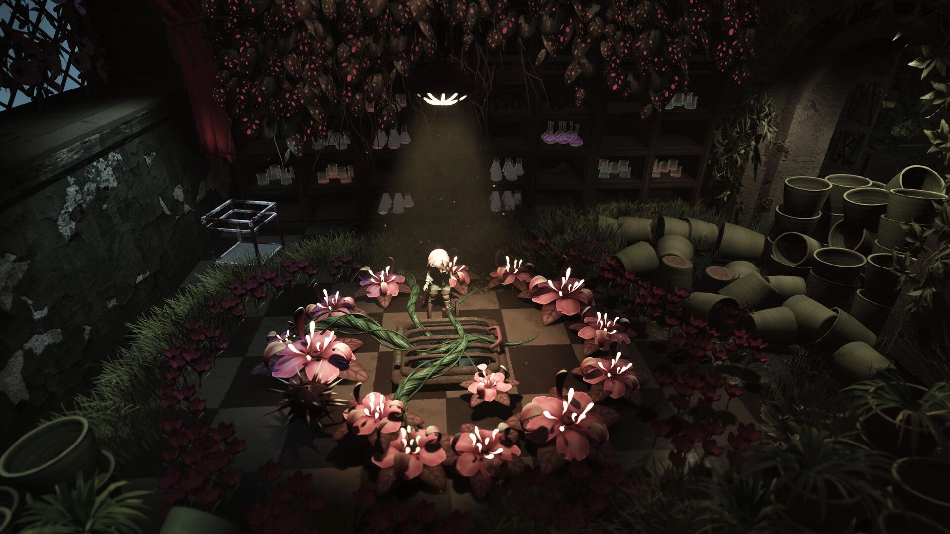 Floralis: Character stands in flower circle under spotlight in a dim room filled with plant pots and shelves.