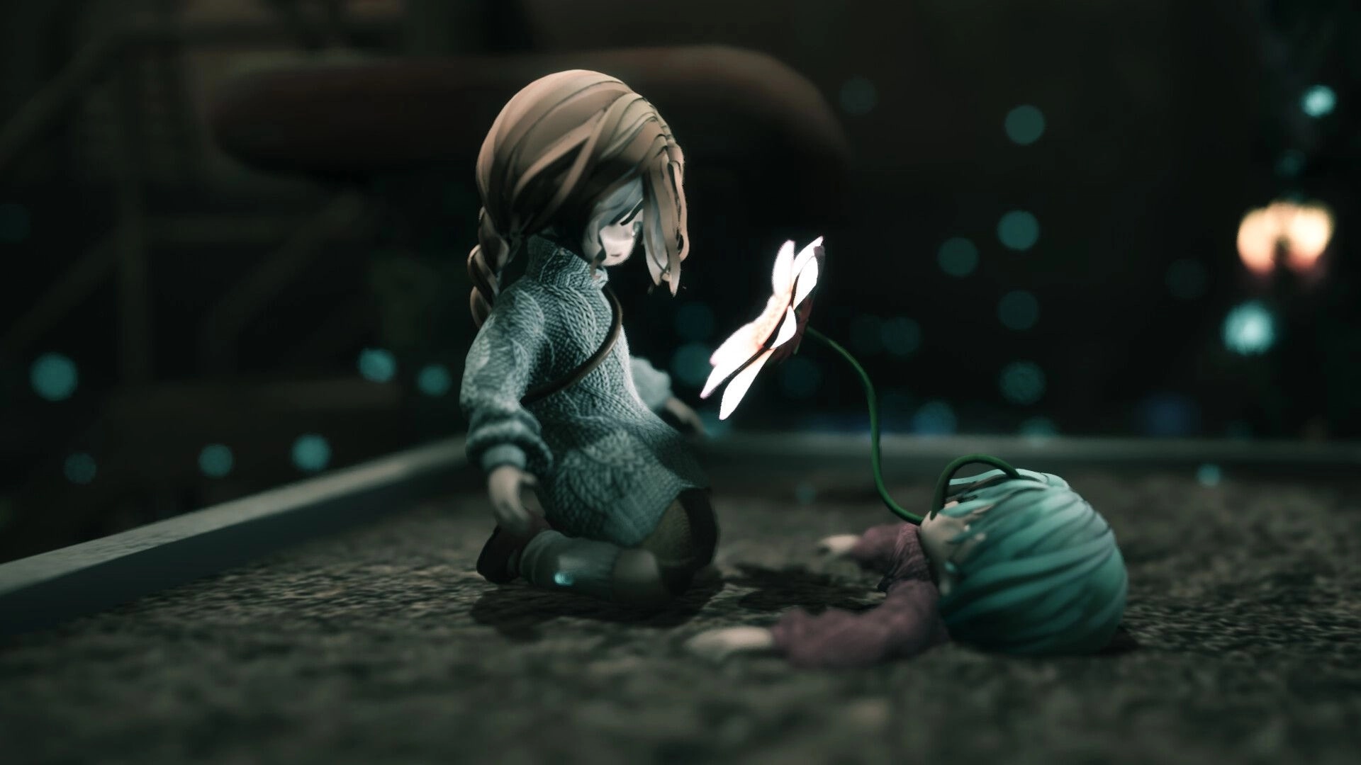 Floralis: Character kneeling beside a glowing flower in a dimly lit, mystical environment