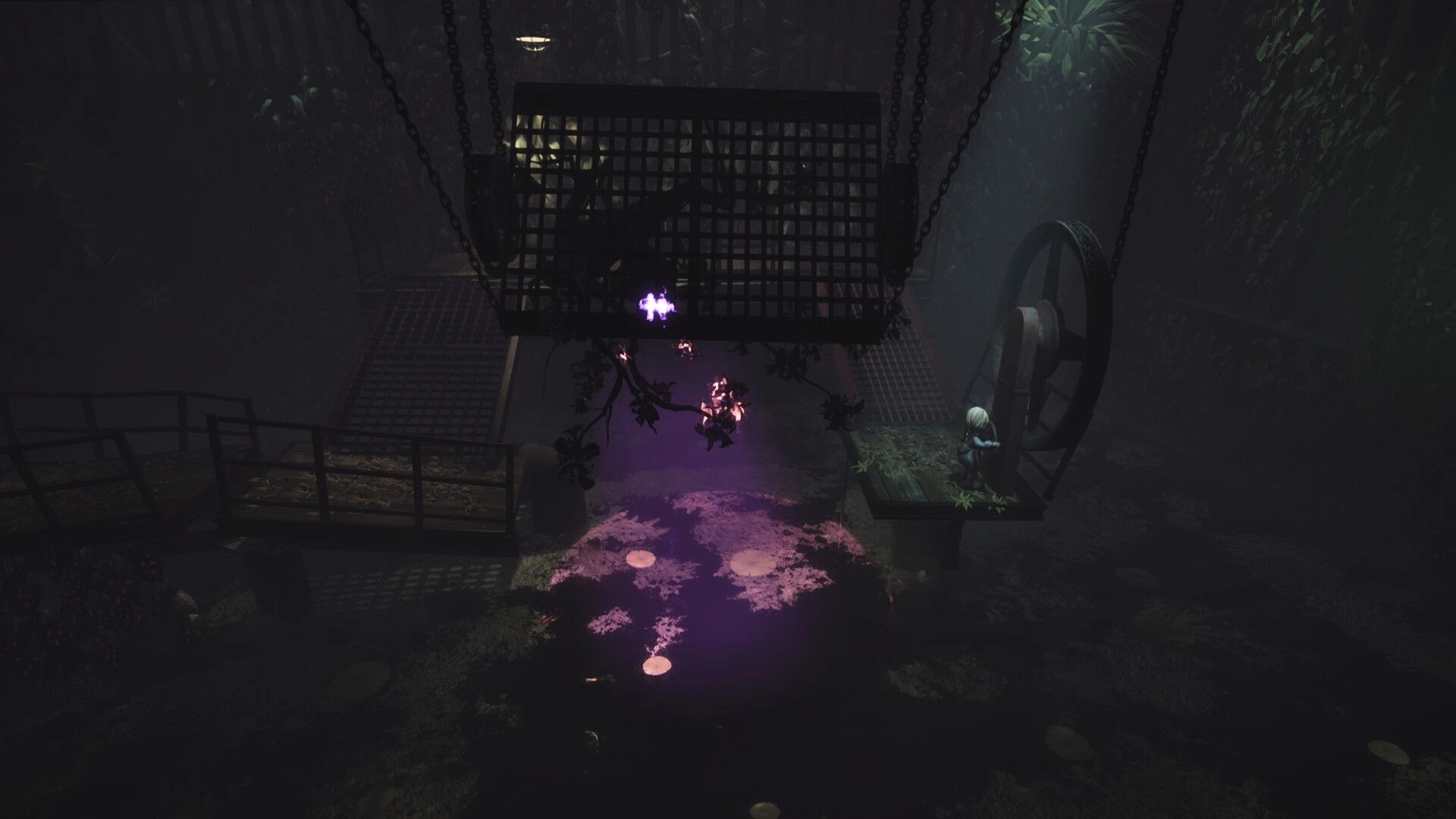 Floralis: Character near machinery with purple-lit water beneath, suspended cage overhead in a dark cavern