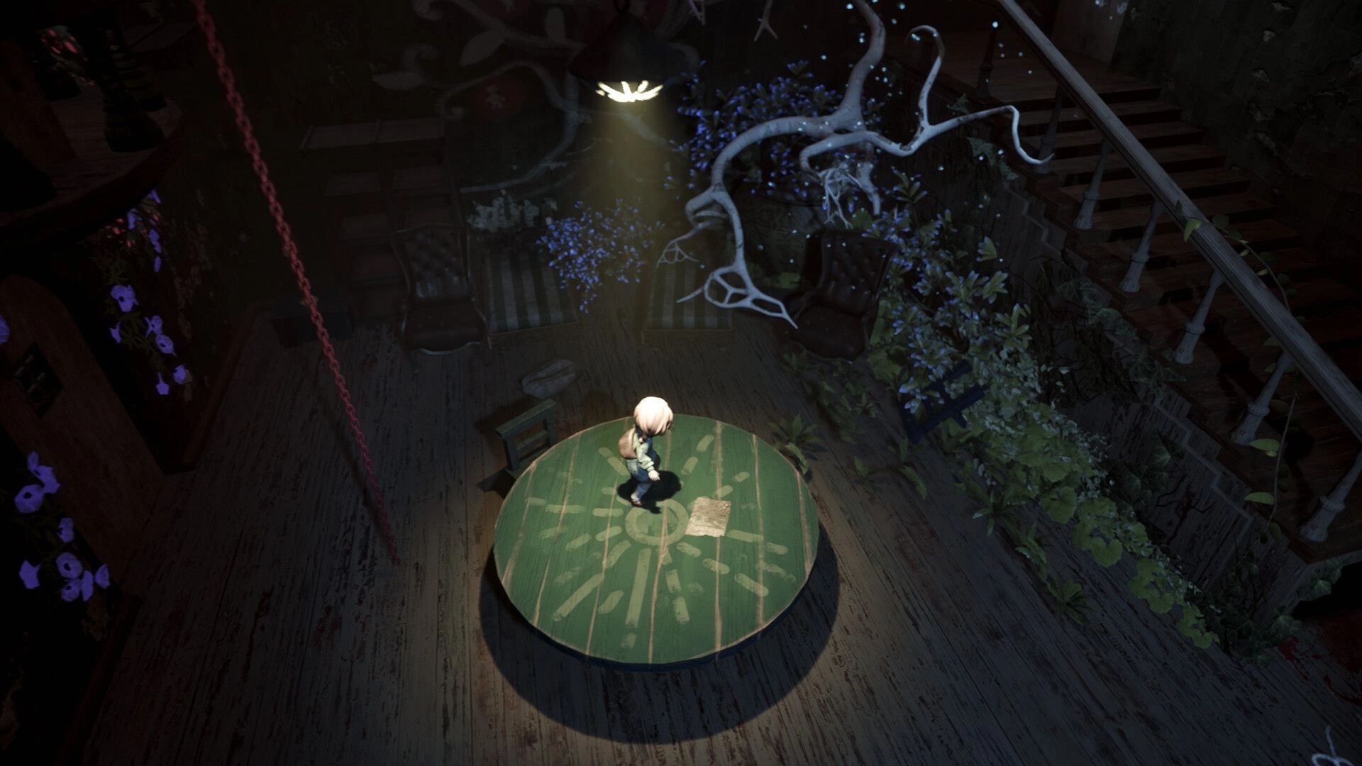 Floralis: Character stands on a round platform in a dim room with glowing plants and creeping vines