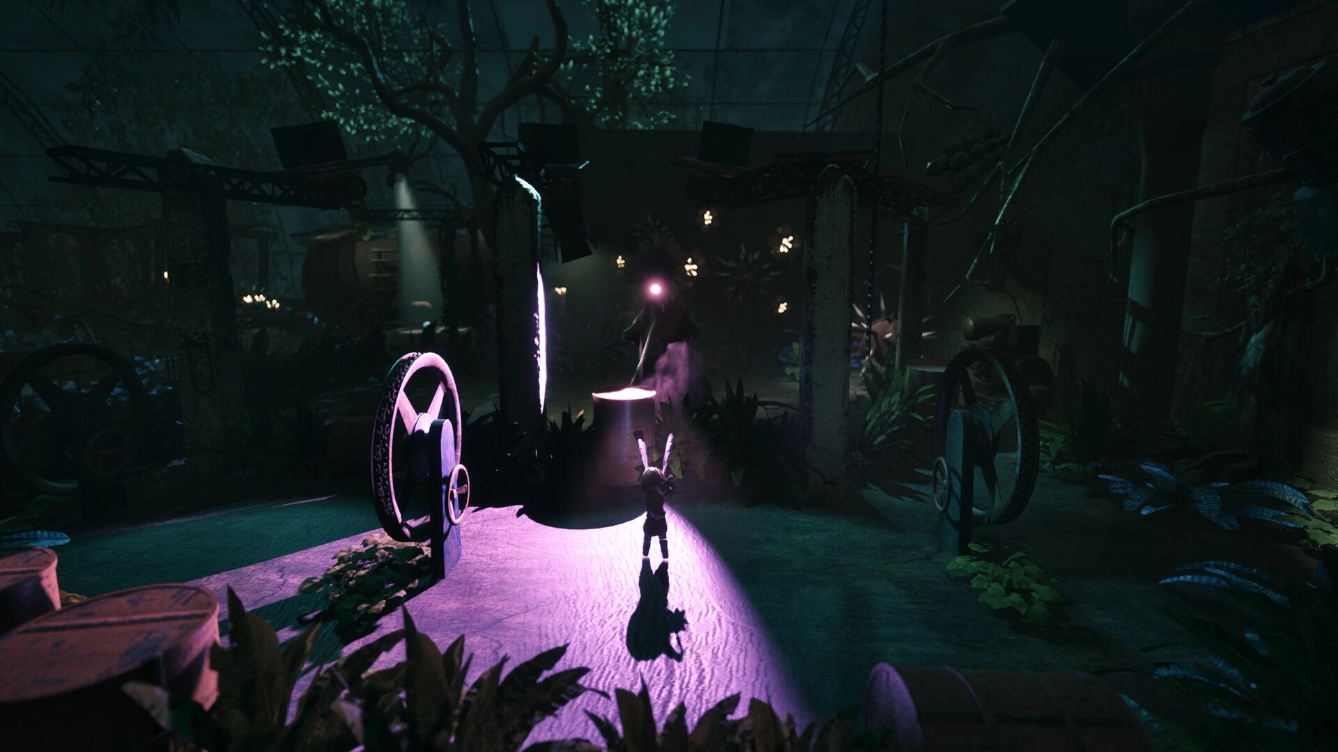 Floralis: Character approaches glowing pedestal in a dimly lit mechanical forest environment