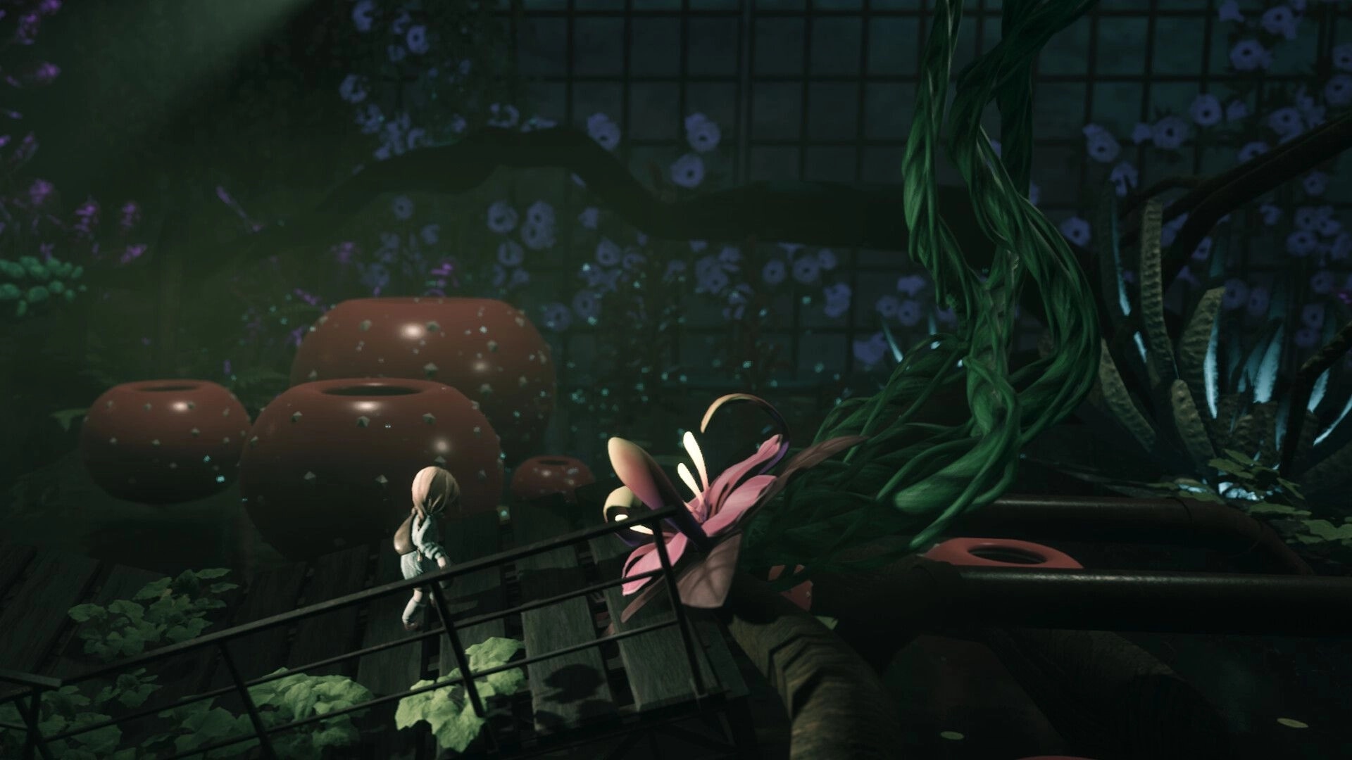 Floralis: Character navigates wooden walkway surrounded by giant flowers and glowing plants in dark forest