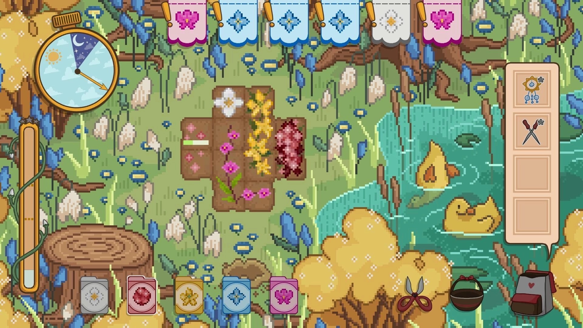 Floramino: Puzzle board with colorful flowers and UI elements in a vibrant forest garden setting