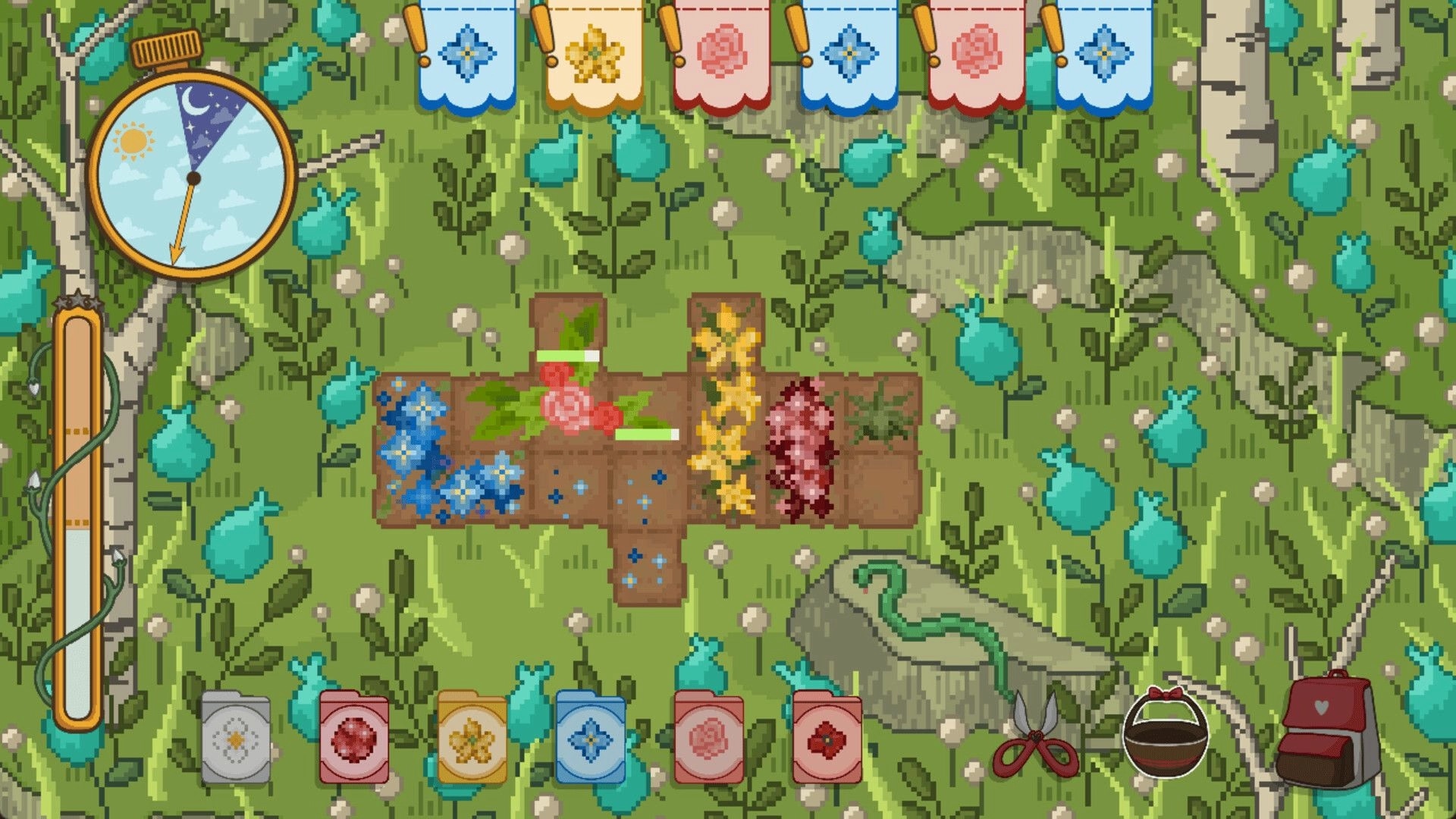Floramino: Arranging colorful flower tiles in garden puzzle with time and tool icons on forest backdrop