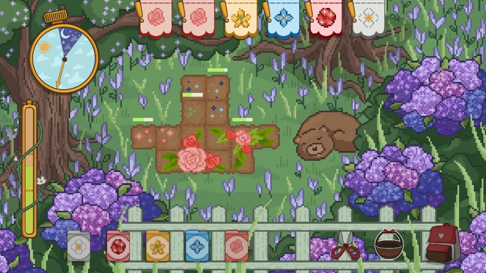 Floramino: Arranging flowers on a garden grid with a timer and card icons, in a lush, floral landscape.