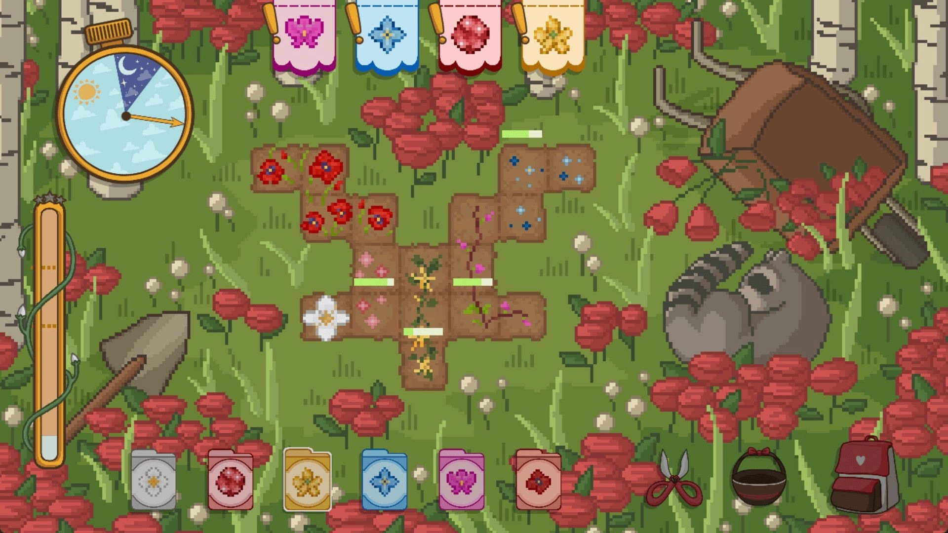 Floramino: Tile-based garden puzzle with blooming flowers, timer, and tools in a lush green field.