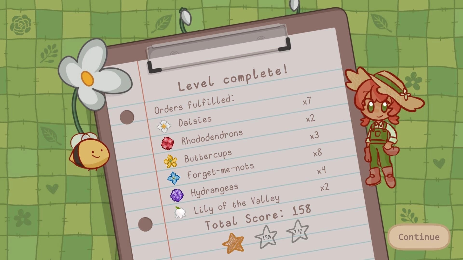 Floramino: Level complete screen with flower order list and total score on clip board in garden setting
