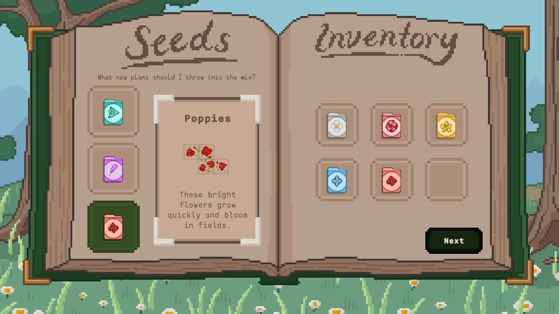 Floramino: Open seed and inventory menu displaying poppy flower details and seed packets selection
