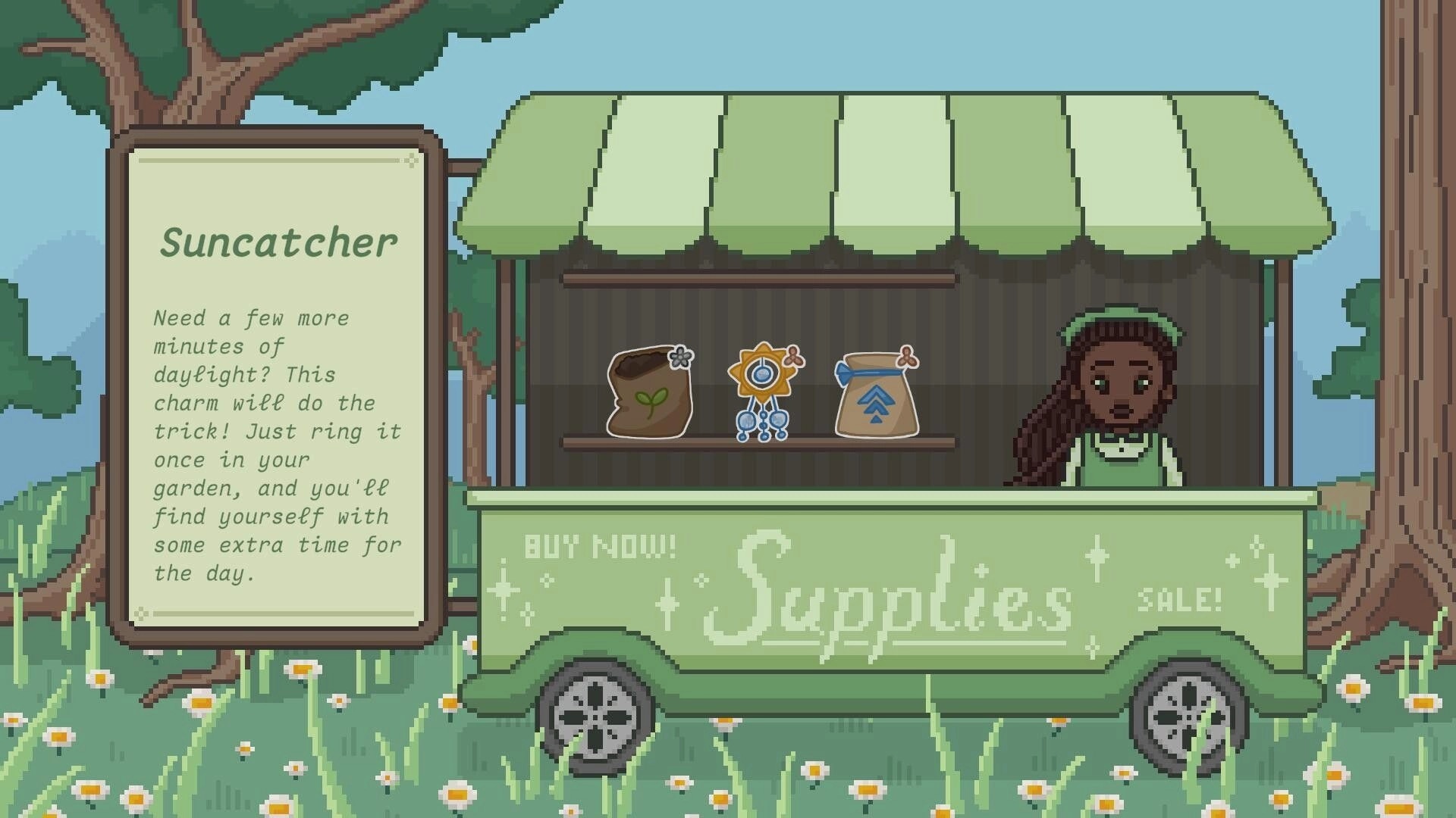 Floramino: Florist at supply cart under trees with suncatcher item description on screen