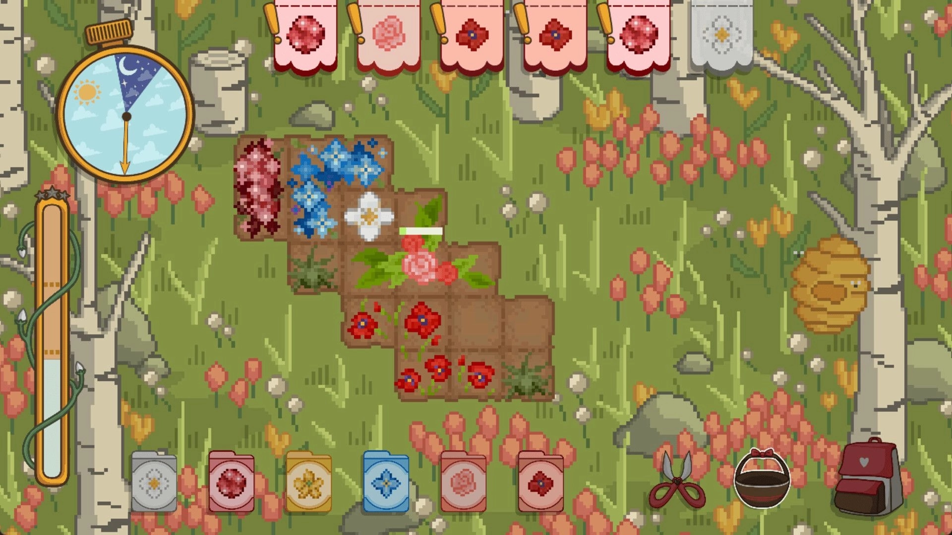 Floramino: Arranging colorful flower tiles in a lush garden with tool icons and time gauge on screen
