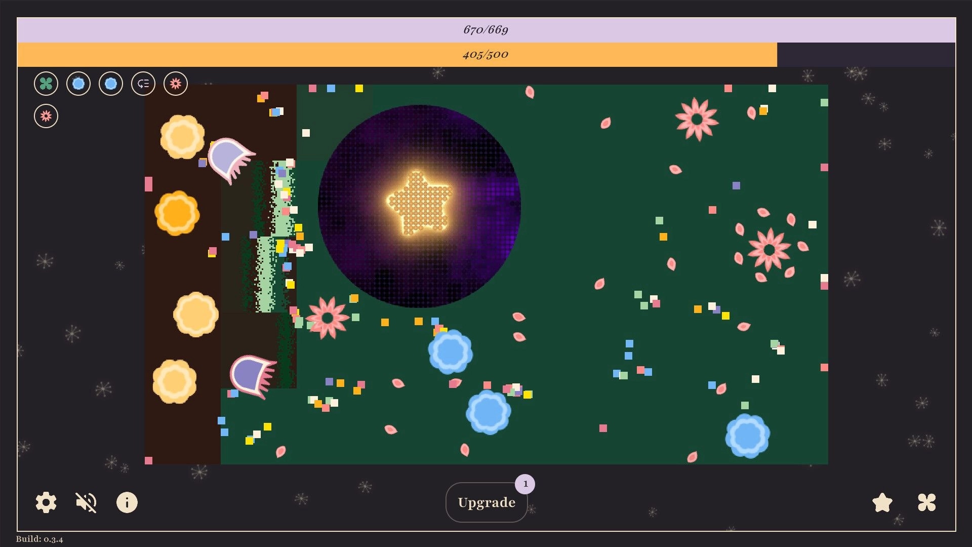 FlowerBots: Star-shaped core surrounded by colorful petals and icons on a dark green background.