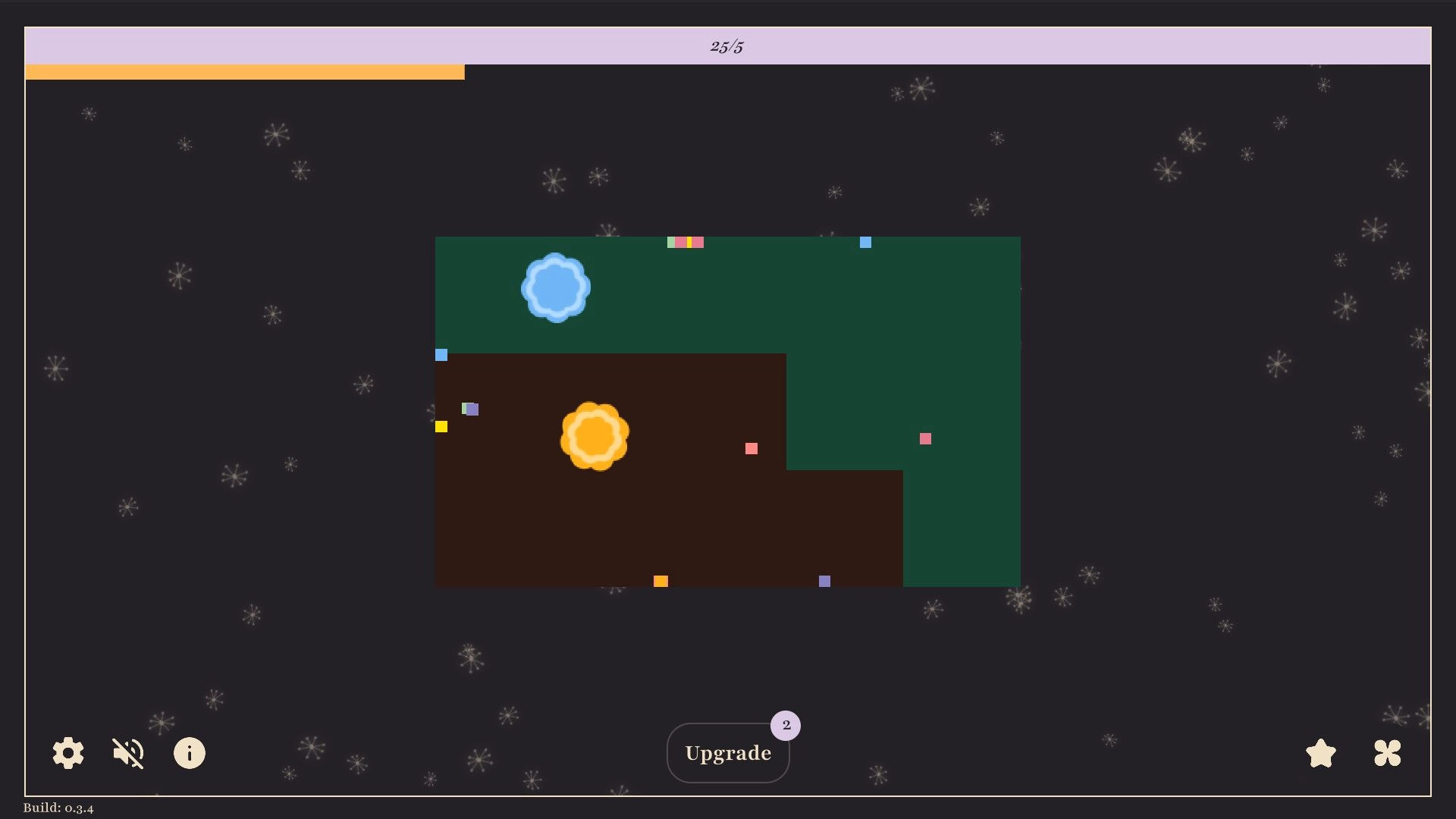 FlowerBots: Blue and yellow flower-like bots move on a green and brown platform with snowflake effects.