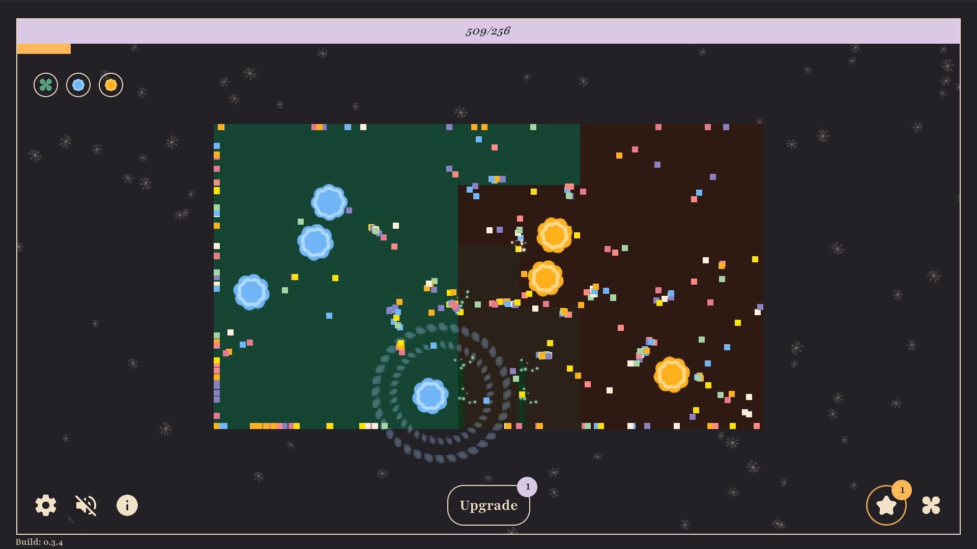FlowerBots: Blue and orange flower units navigate and collect resources on a divided green and brown grid.
