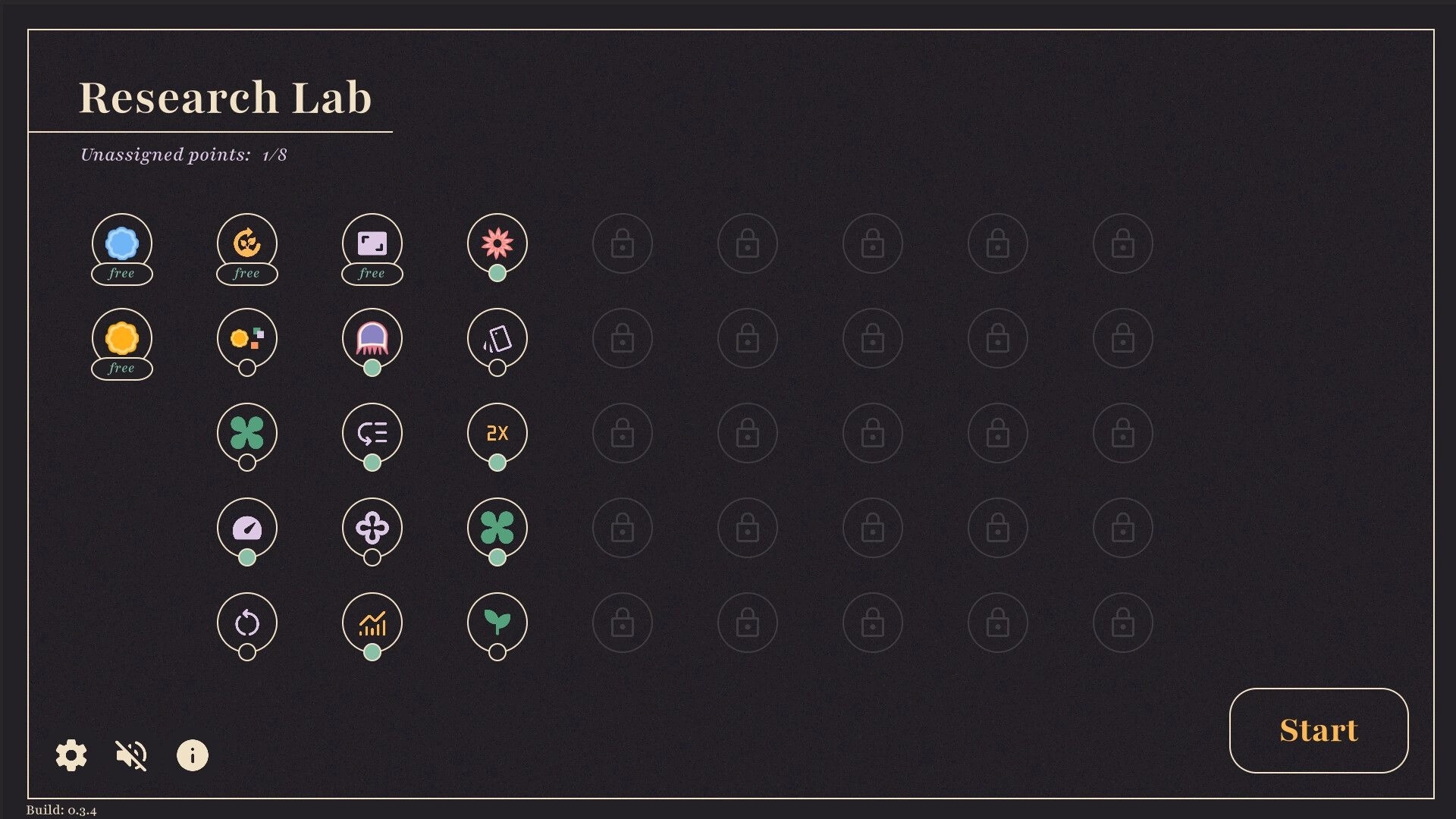 FlowerBots: Research Lab interface with skill icons and unassigned points counter on a dark background