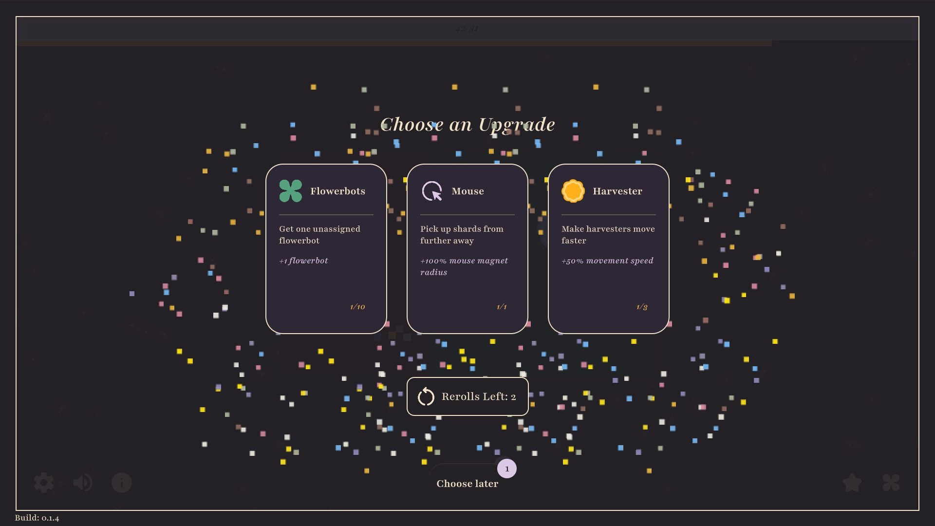 FlowerBots: Upgrade selection screen with options for Flowerbots, Mouse, and Harvester enhancements.
