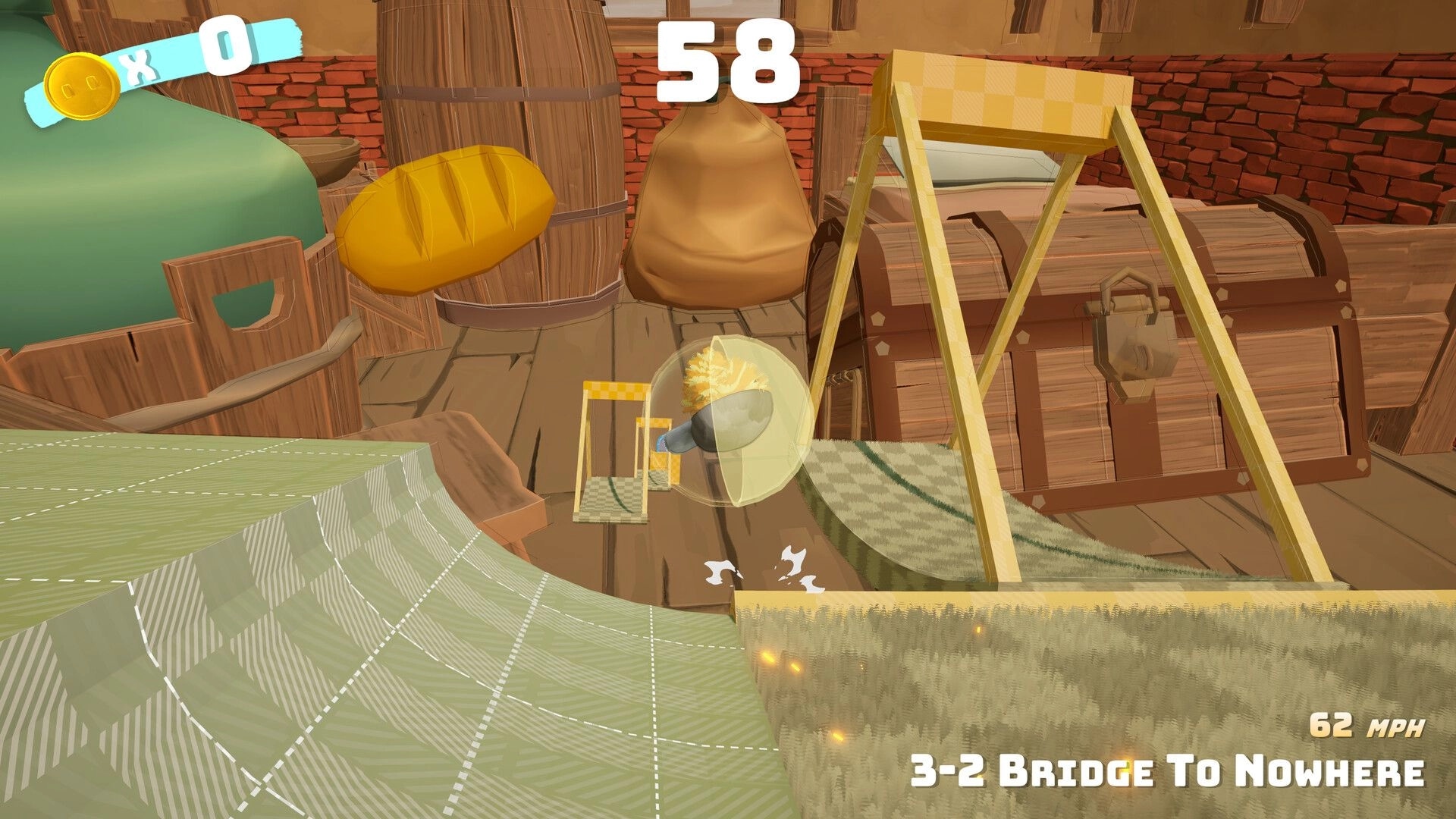 Fluff'n'Roll: Rolling character drops off a ramp past barrels and chest, UI shows 58 and 62 MPH.