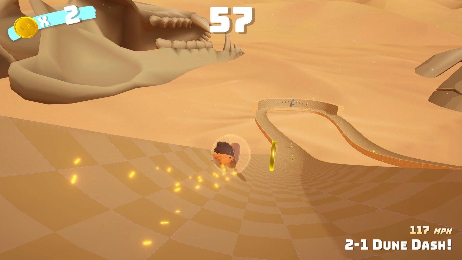Fluff'n'Roll: Fuzzy ball races down a curved sand track past coins, 2-1 Dune Dash at 117 MPH.