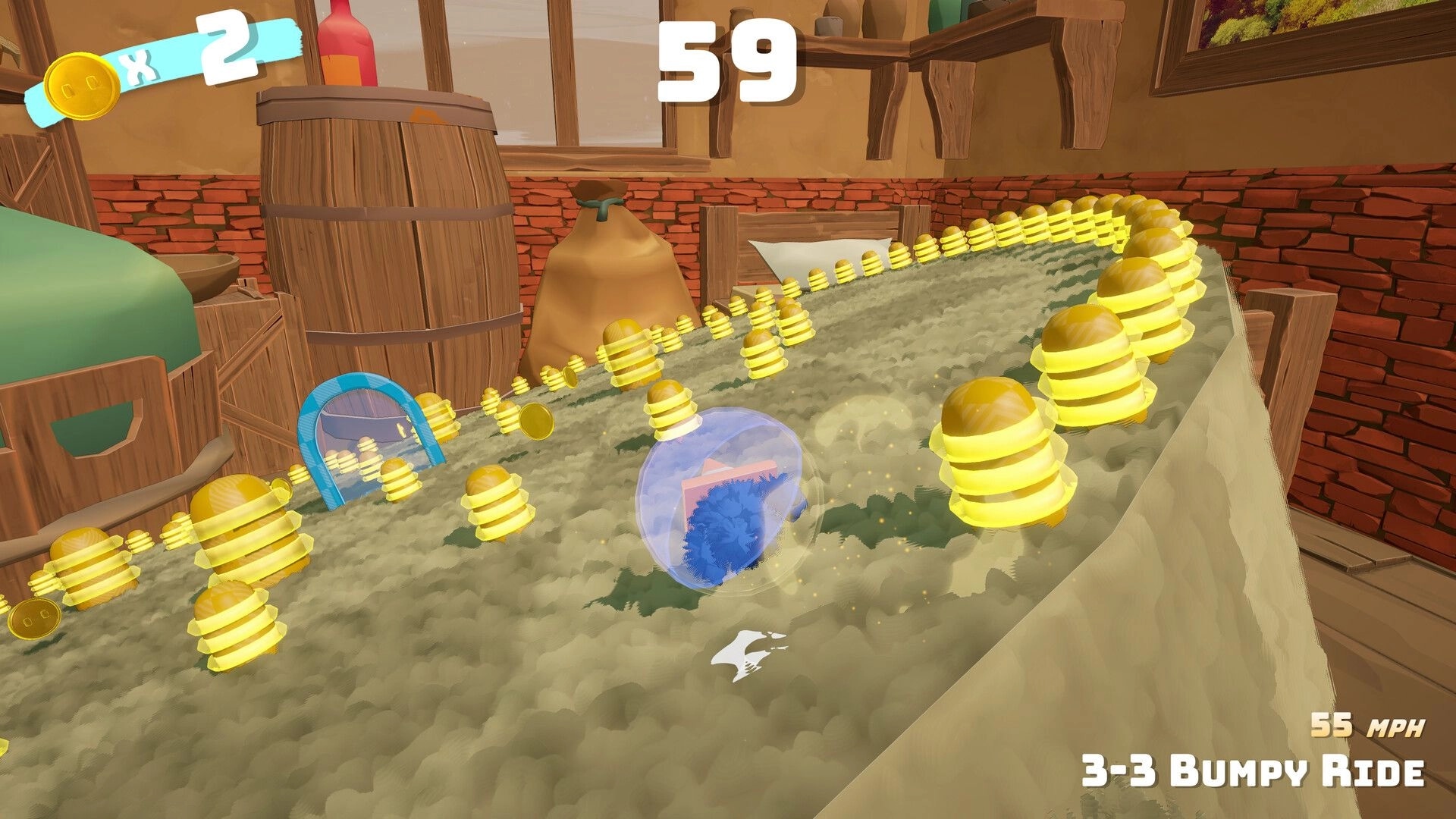 Fluff'n'Roll: Blue fluff ball in bubble rolls through glowing bumpers in barn; timer 59, 55 MPH, x2 coin.