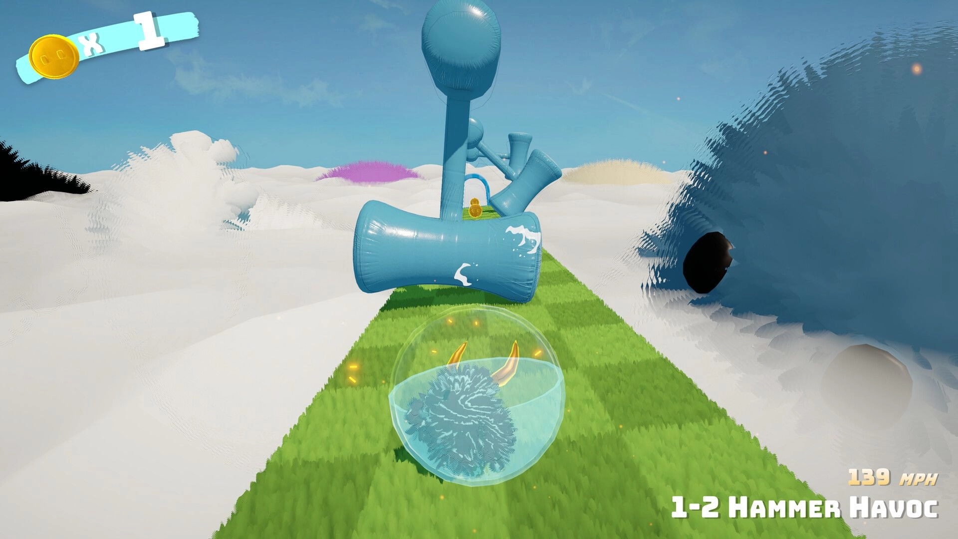 Fluff'n'Roll: Furry ball in bubble rolling toward blue hammer obstacles on grassy path above clouds.