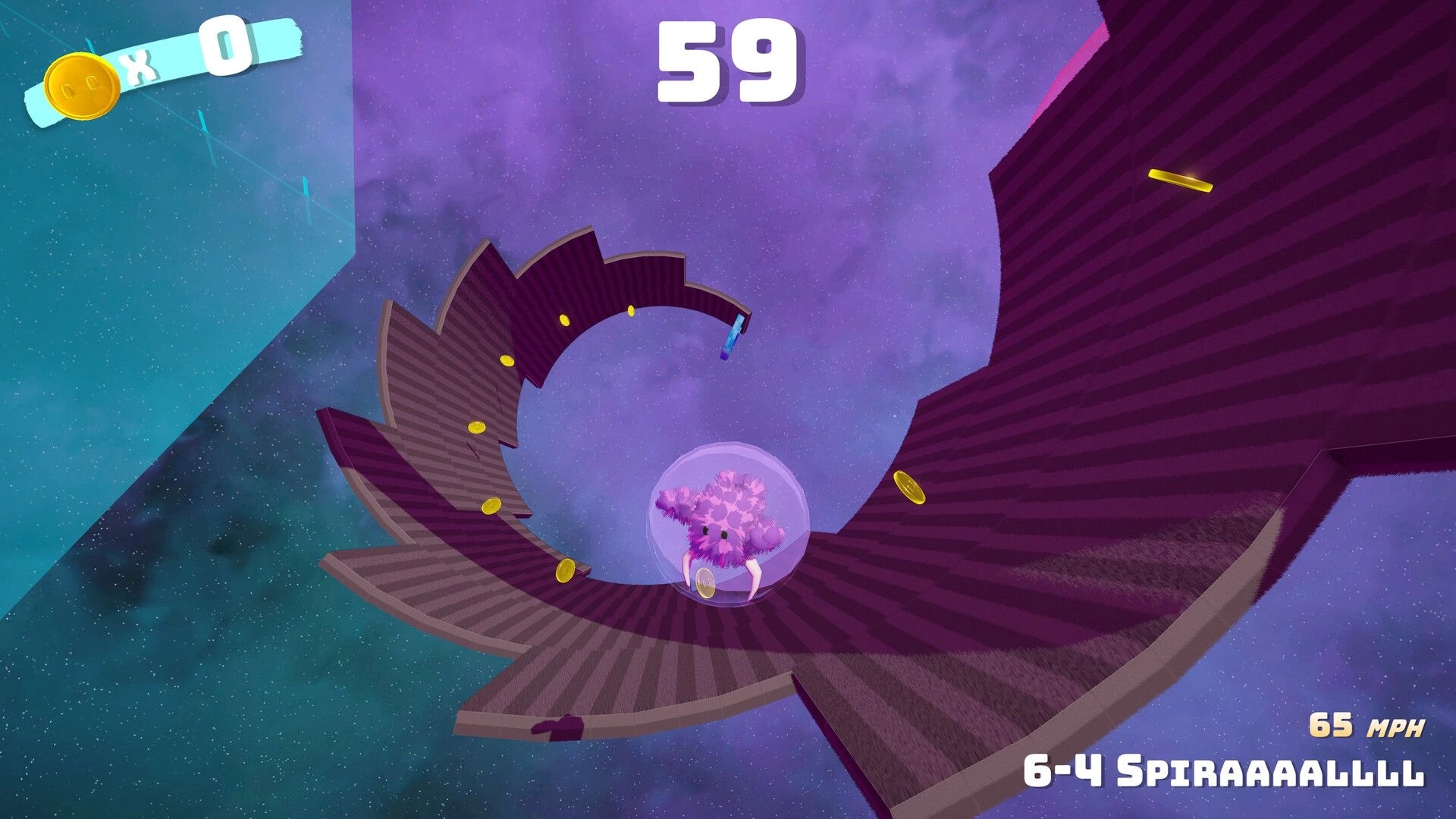Fluff'n'Roll: Pink fluff ball rolls a spiral ramp with coins, timer 59, speed 65 MPH in space.