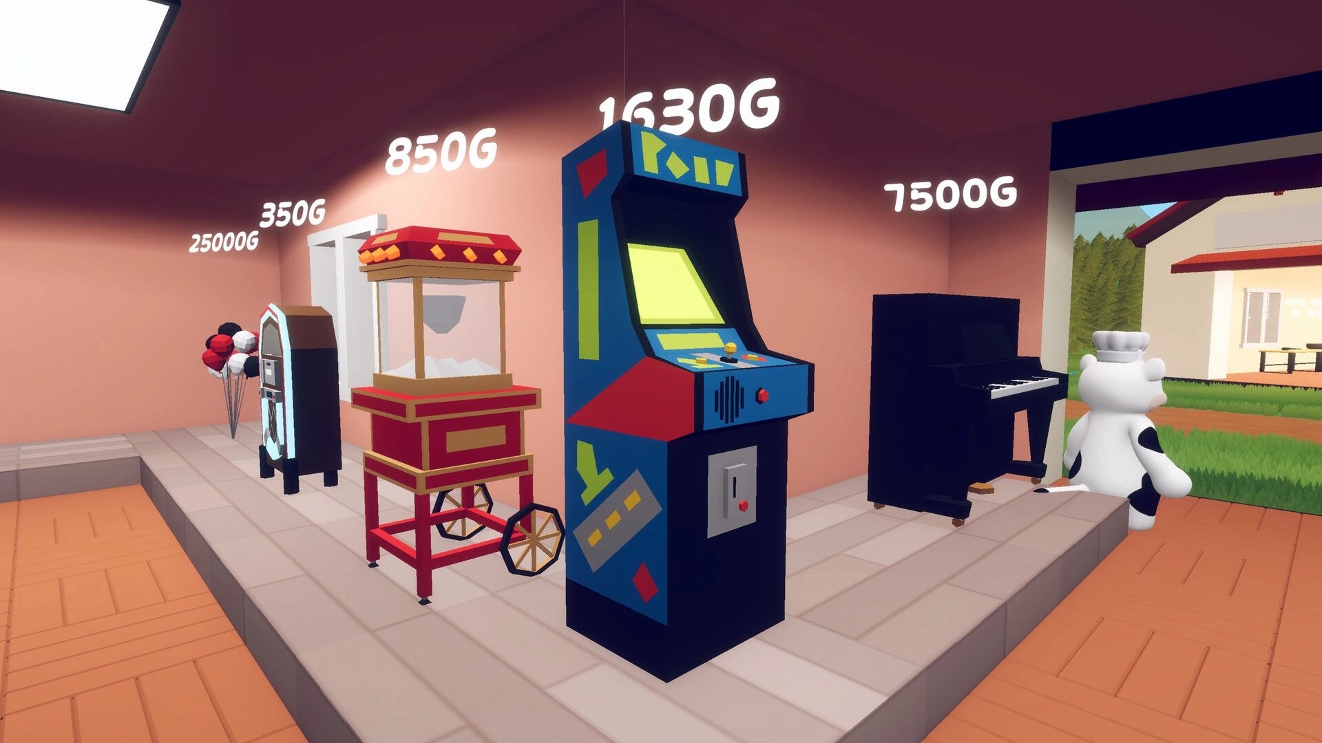 Fluffy Chef: Animal chef exploring shop with arcade machine, popcorn cart, jukebox, and piano