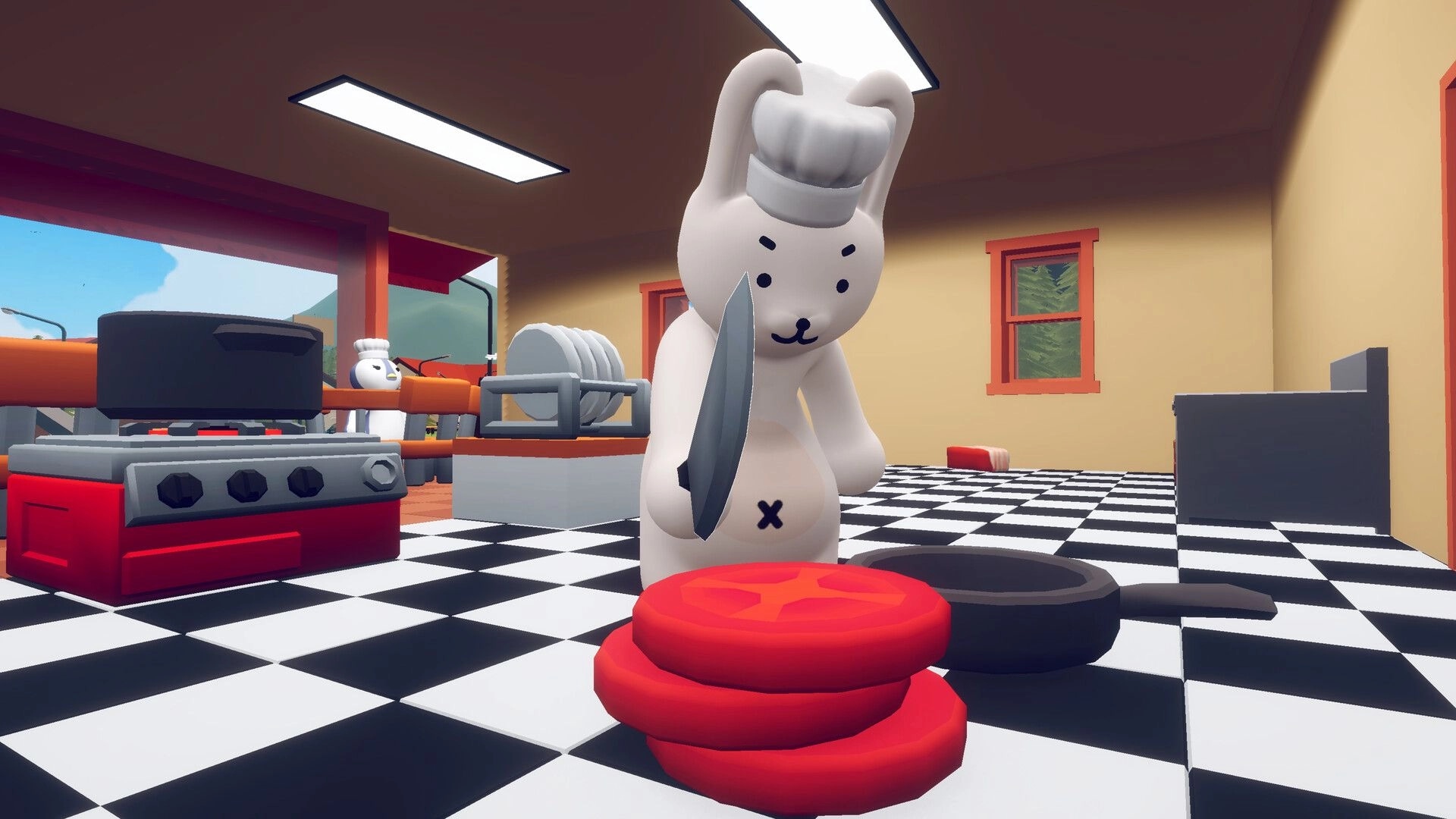 Fluffy Chef: Rabbit chef slicing tomatoes in a cozy kitchen with red stove and checkerboard floor