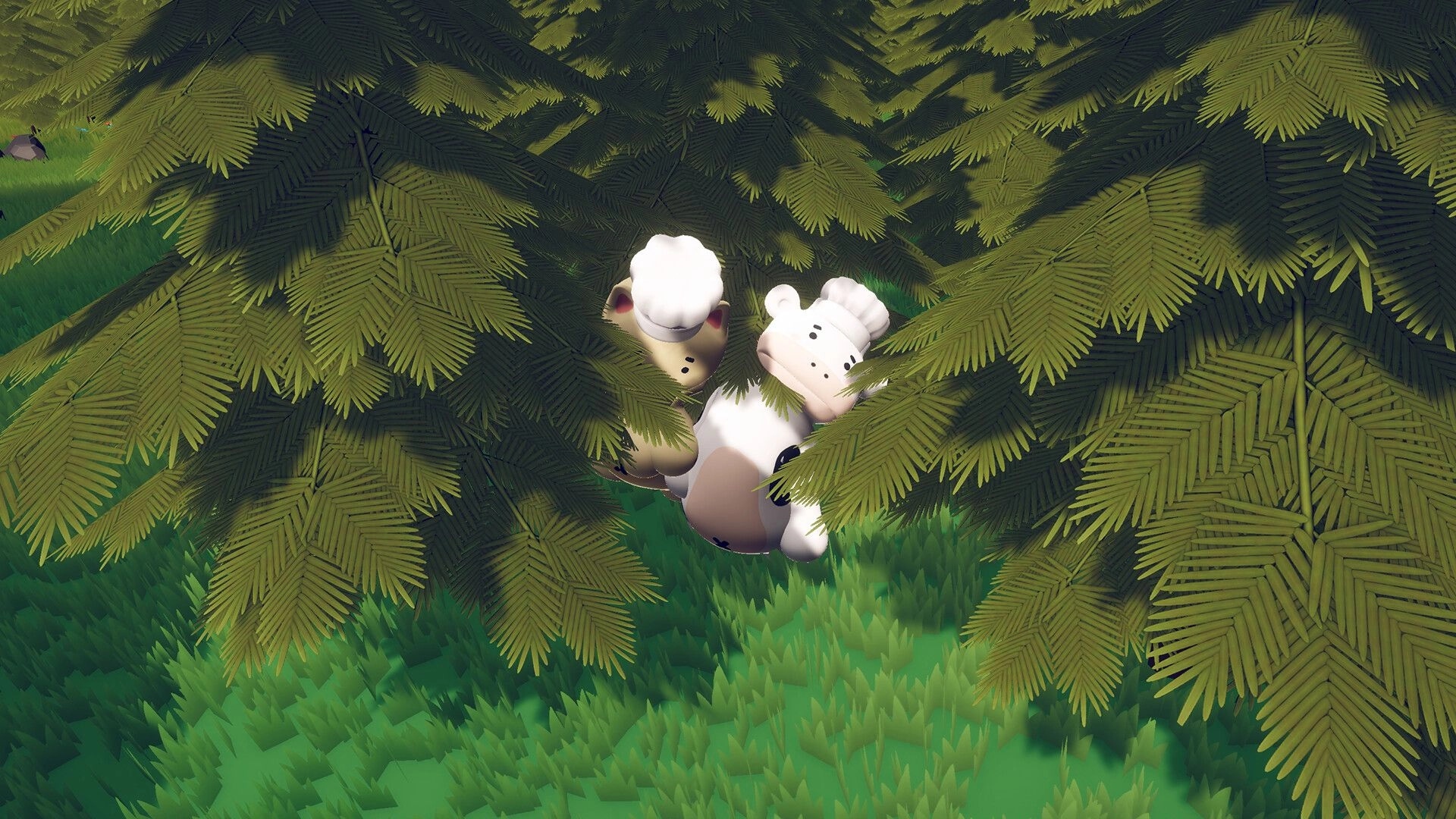Fluffy Chef: Two animal chefs in a forest setting, partially hidden among lush green tree branches.
