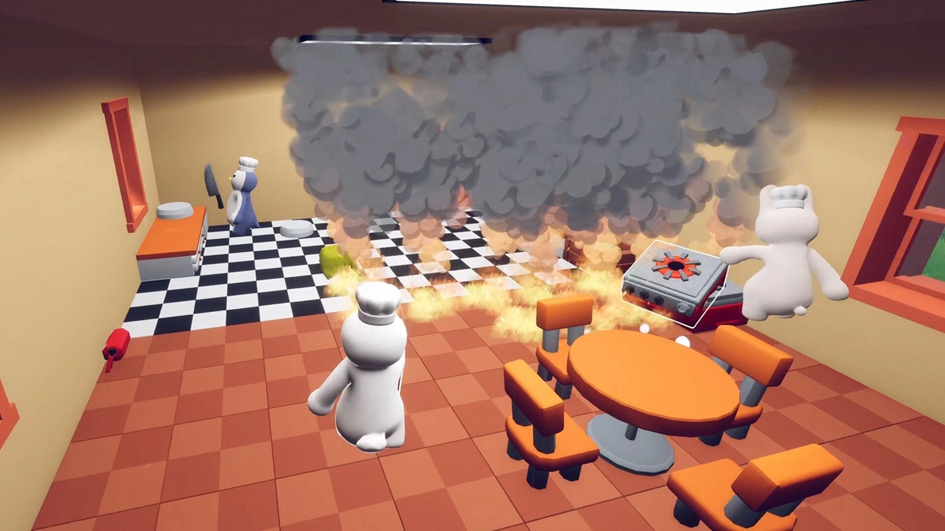 Fluffy Chef: Chaos in kitchen with fire outbreak, smoke fills room as chefs rush to control flames