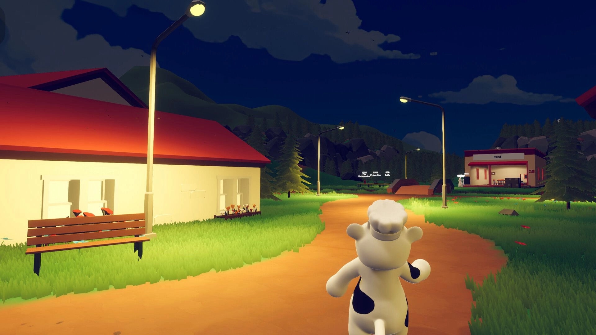 Fluffy Chef: Cow chef character walks on a path at night in a village with lit street lamps and houses