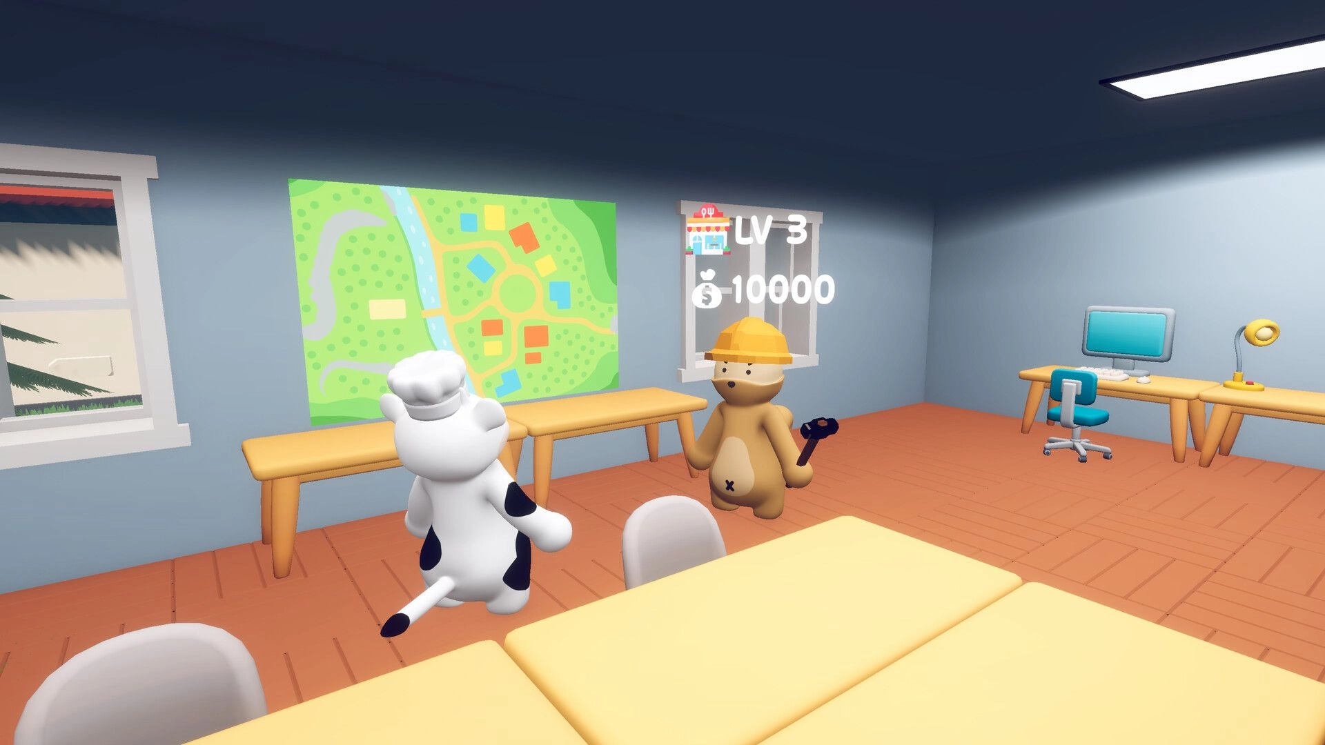 Fluffy Chef: Chef and builder bear plan restaurant layout in cozy office with map and computer setup