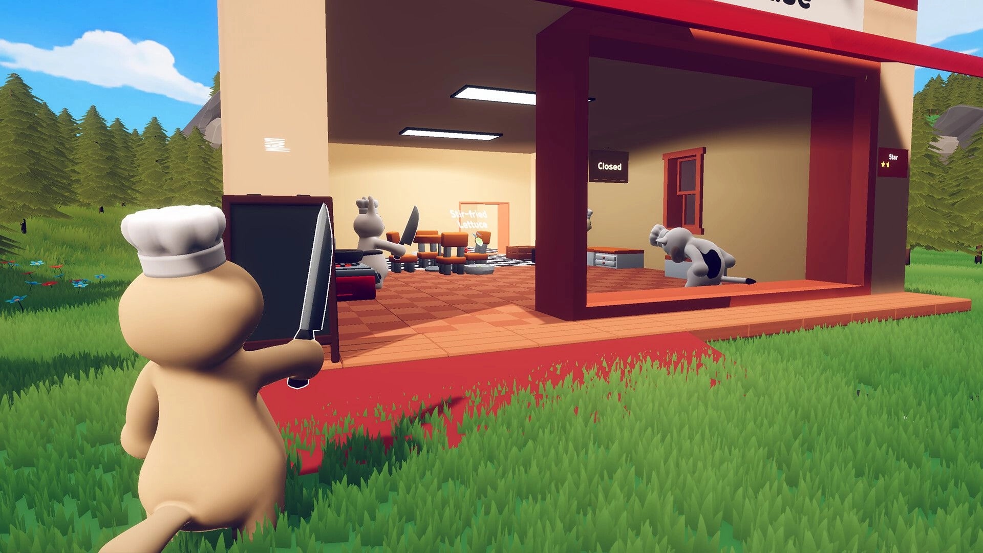 Fluffy Chef: Animal chef holding knife outside restaurant with menu board, view of interior cooks