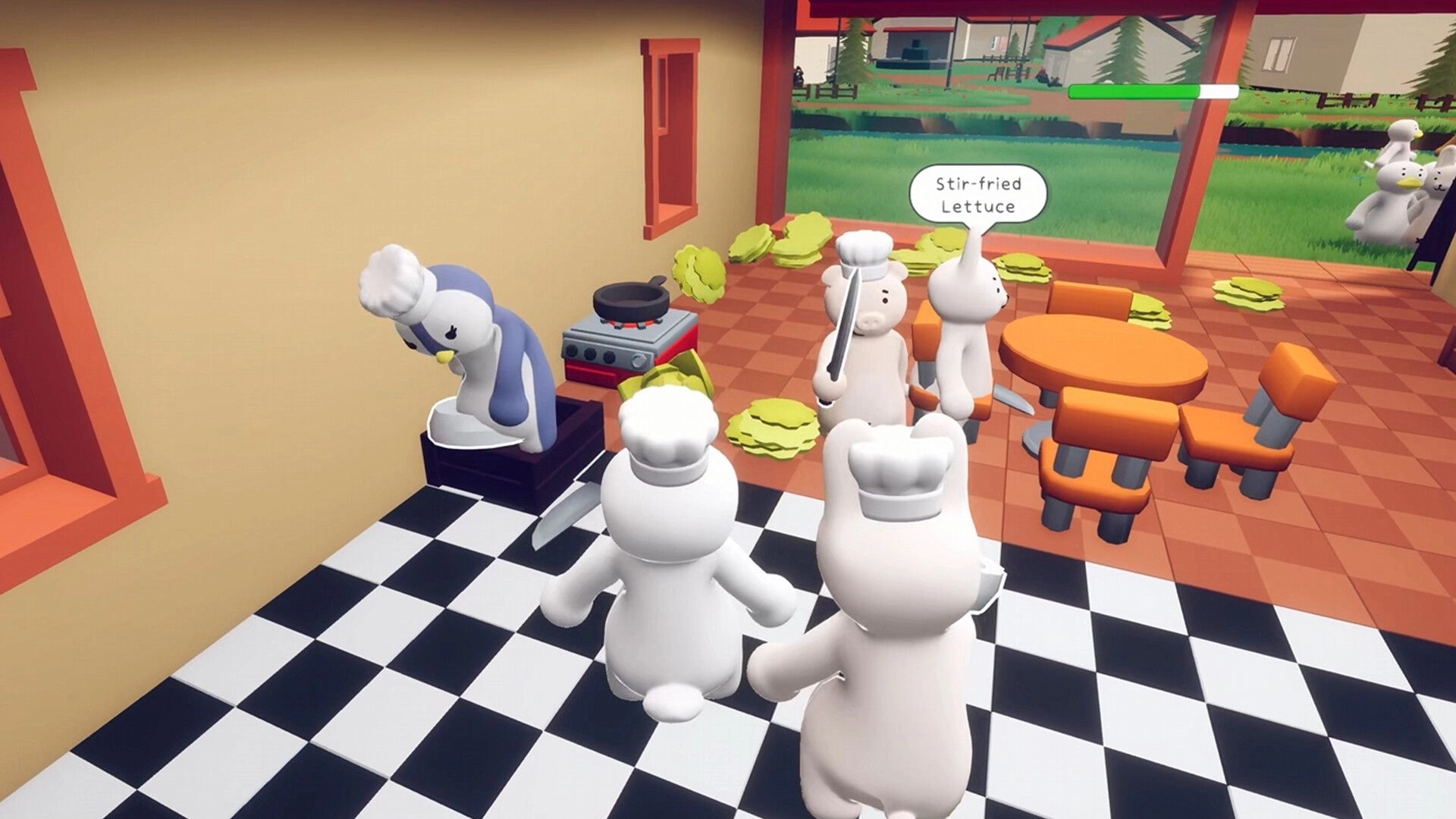 Fluffy Chef: Animal chefs cooking stir-fried lettuce in a bustling restaurant kitchen with checkered floor