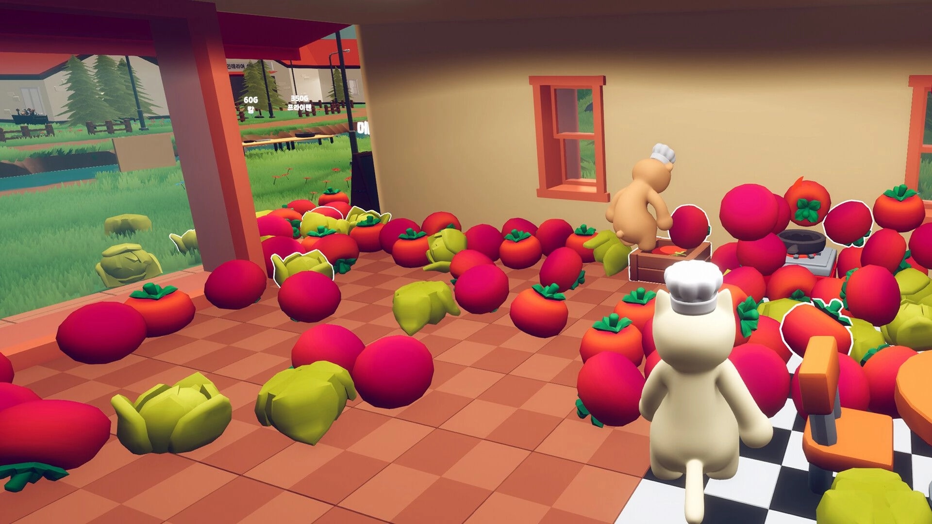 Fluffy Chef: Two animal chefs navigate a cluttered kitchen filled with oversized tomatoes and cabbages