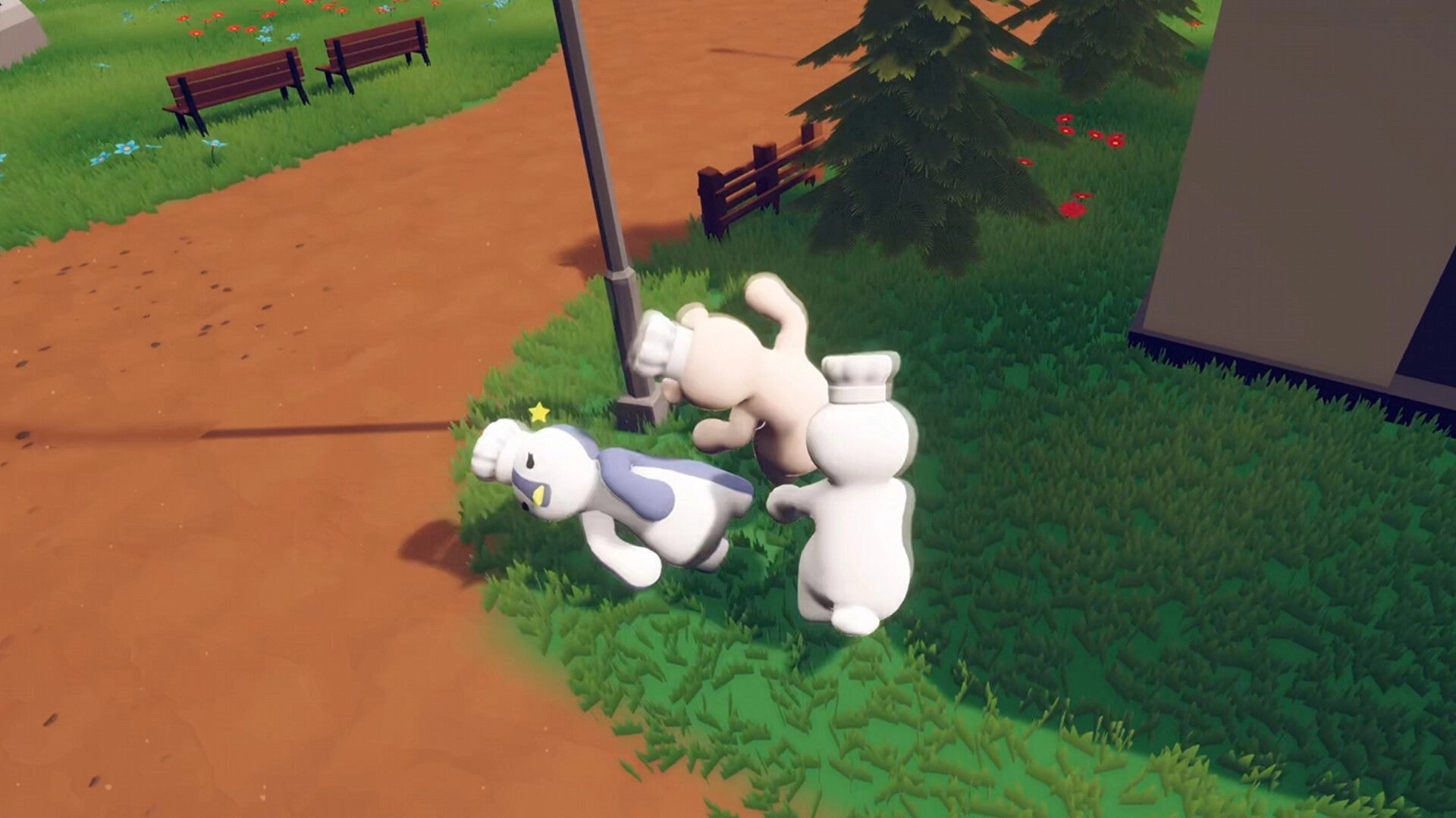 Fluffy Chef: Animal chefs tumble playfully on grass near a path with benches and trees