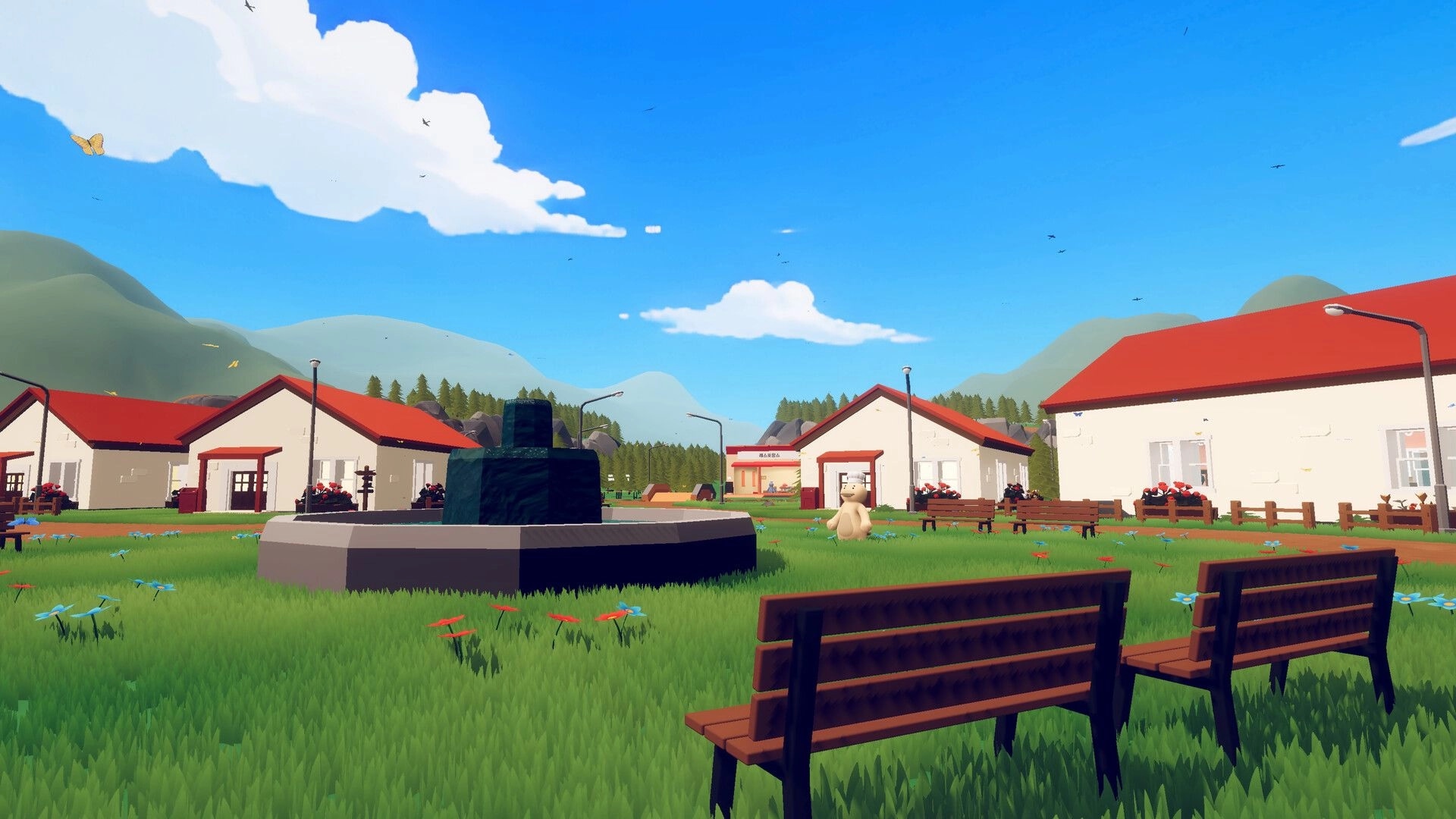 Fluffy Chef: Peaceful village square with benches, red-roofed houses, and mountains in the background.