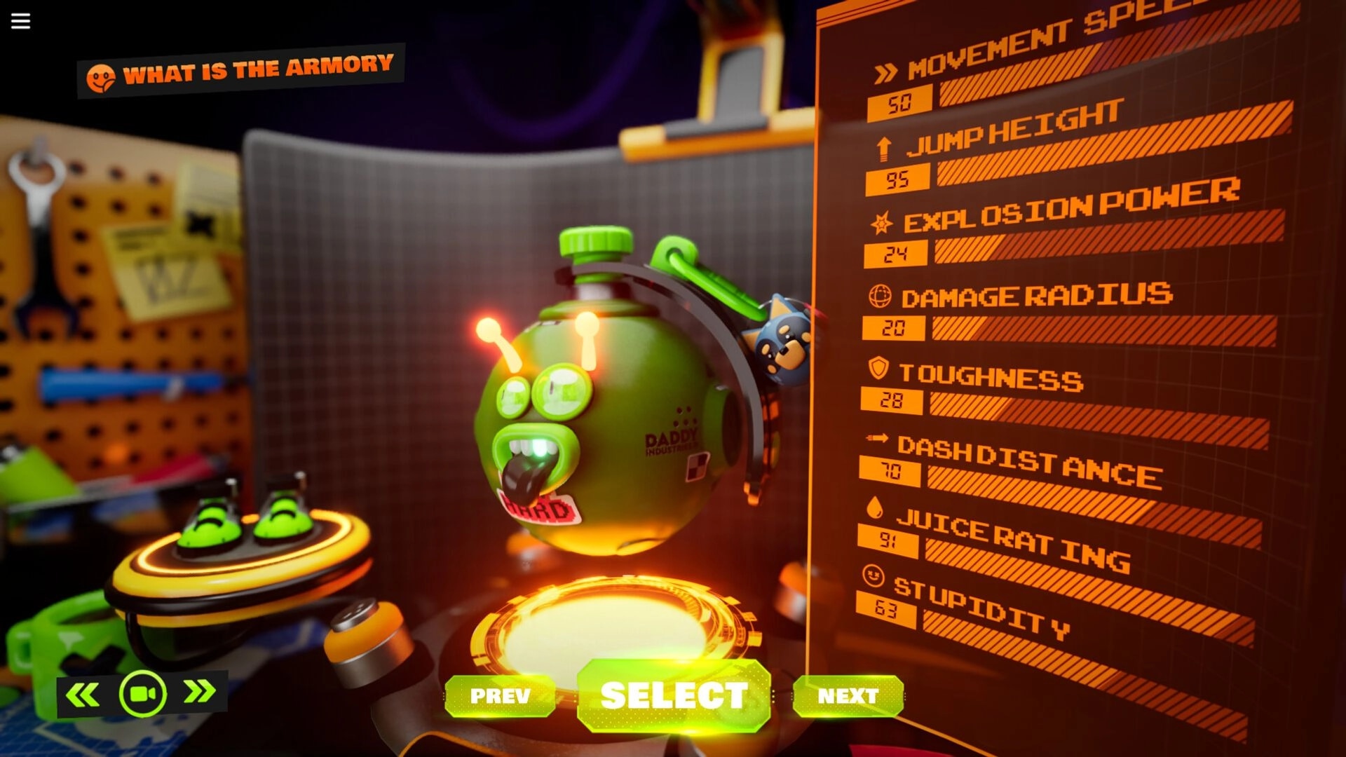 FOAD: Character customization screen with bomb stats and selection buttons in a workshop environment