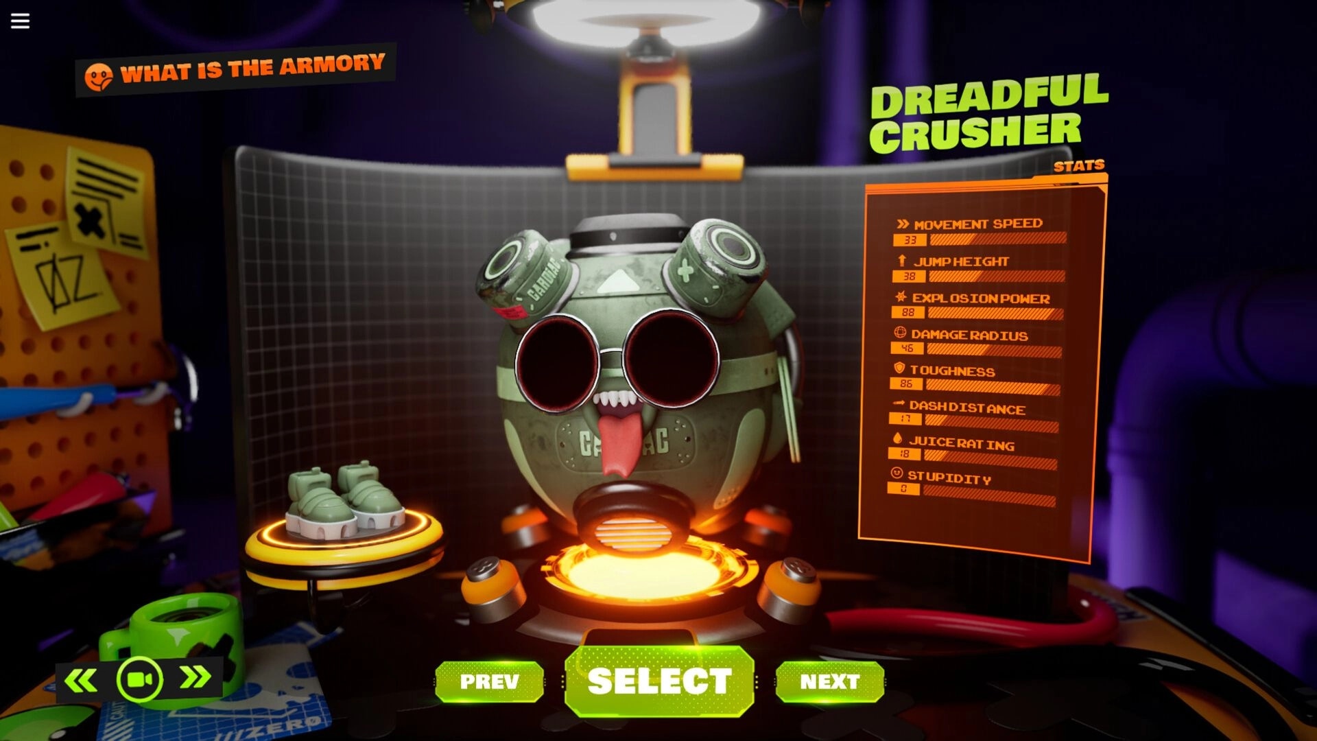 FOAD: Dreadful Crusher character selection with detailed stats in armory setting