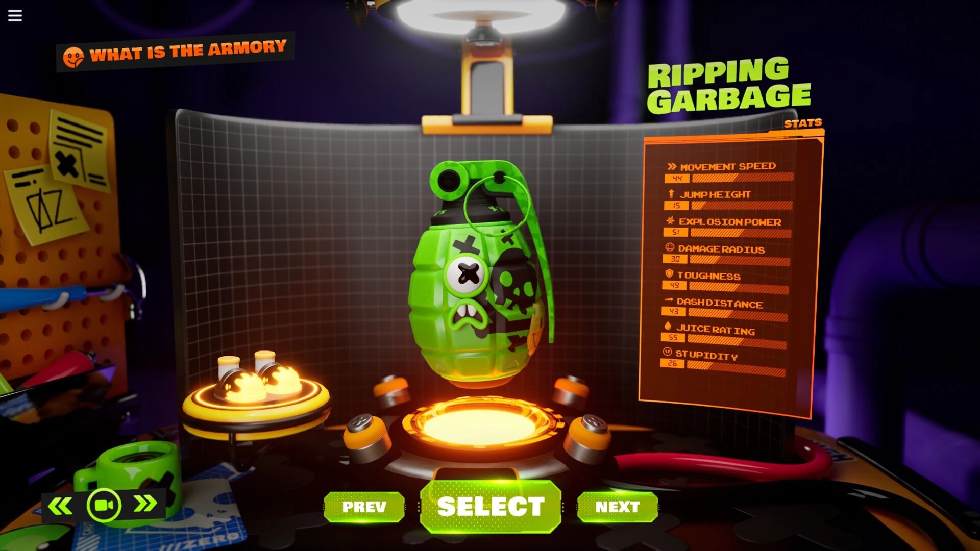 FOAD: Green grenade selection in armory with detailed stats and options to select, preview, or next