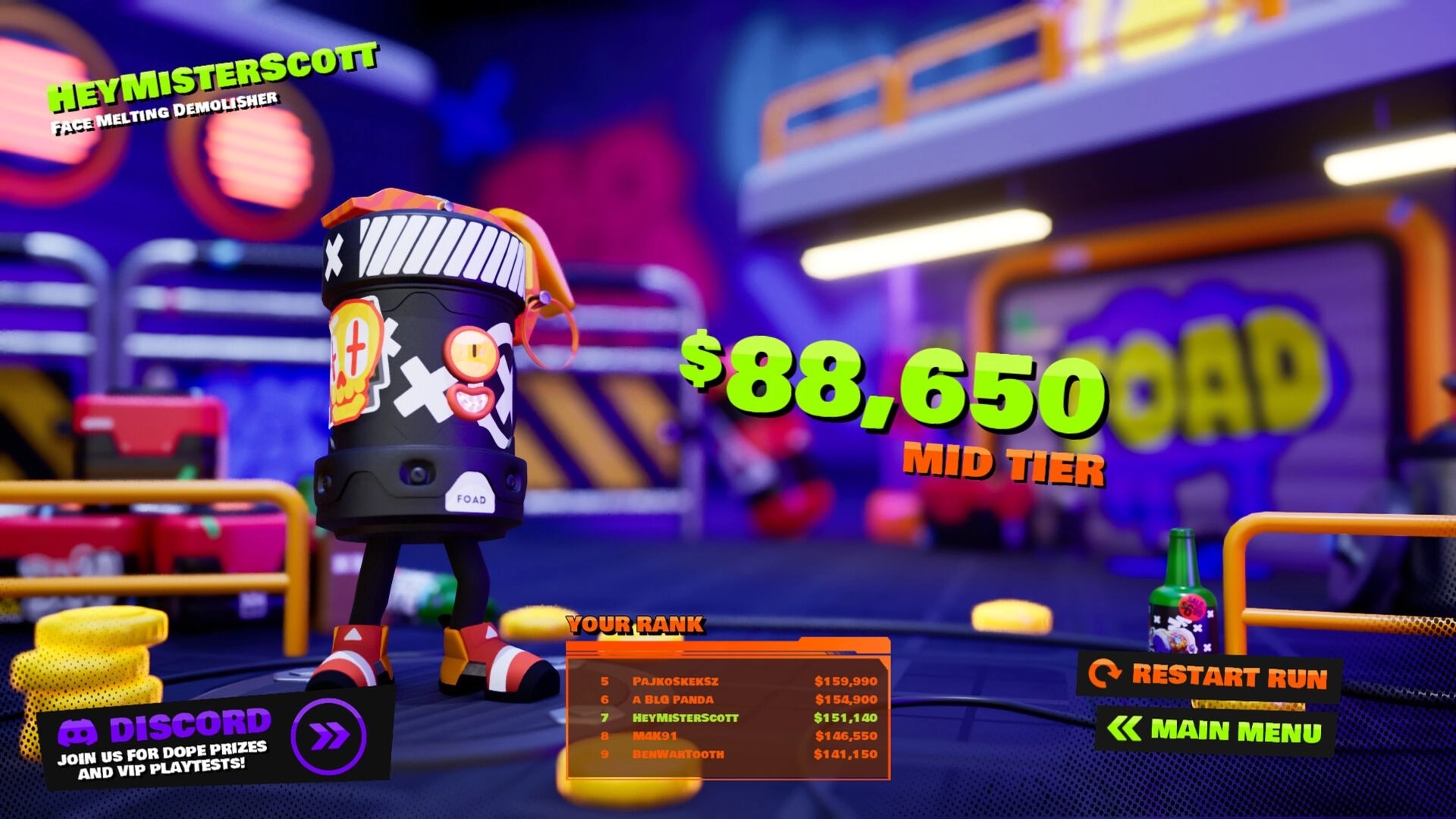 FOAD: HeyMisterScott character in a colorful arena, ranked 7th with $88,650 score, mid-tier rank.