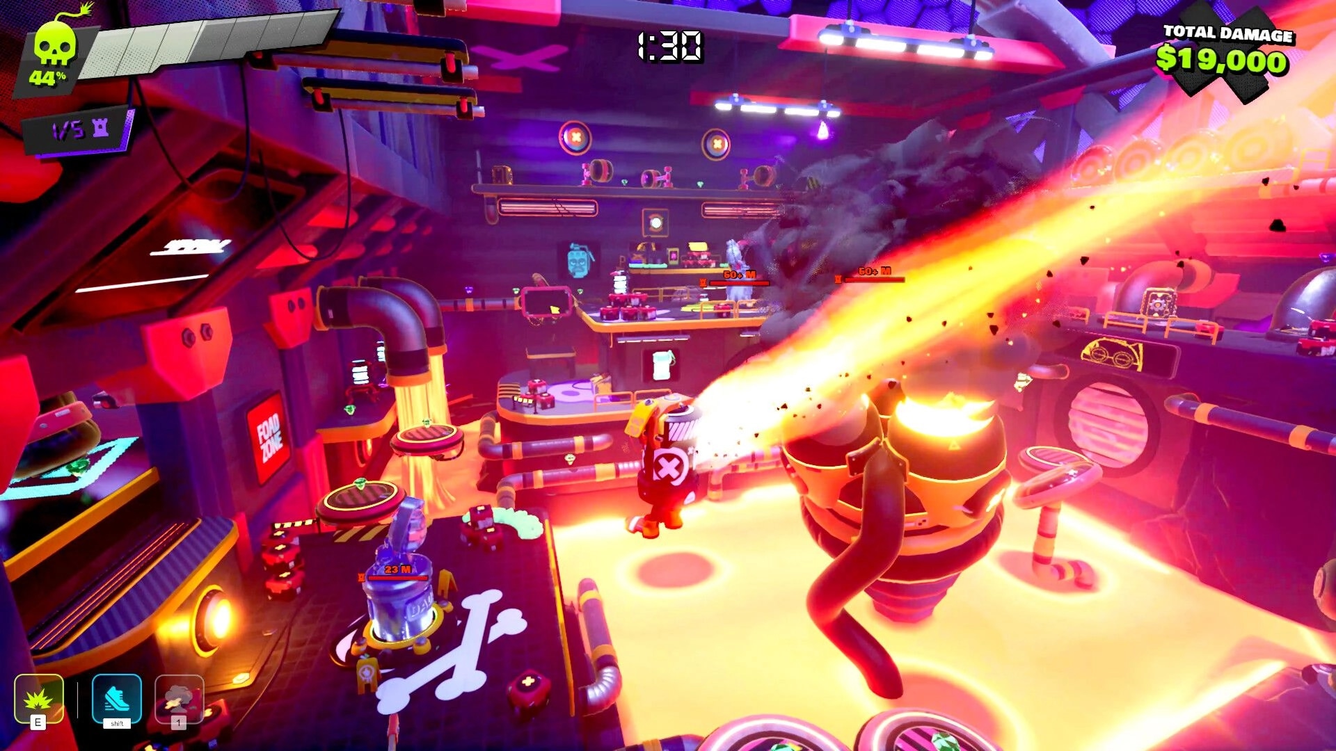 FOAD: Explosive character flying over industrial arena with lava, timer at 1:30, total damage $19,000