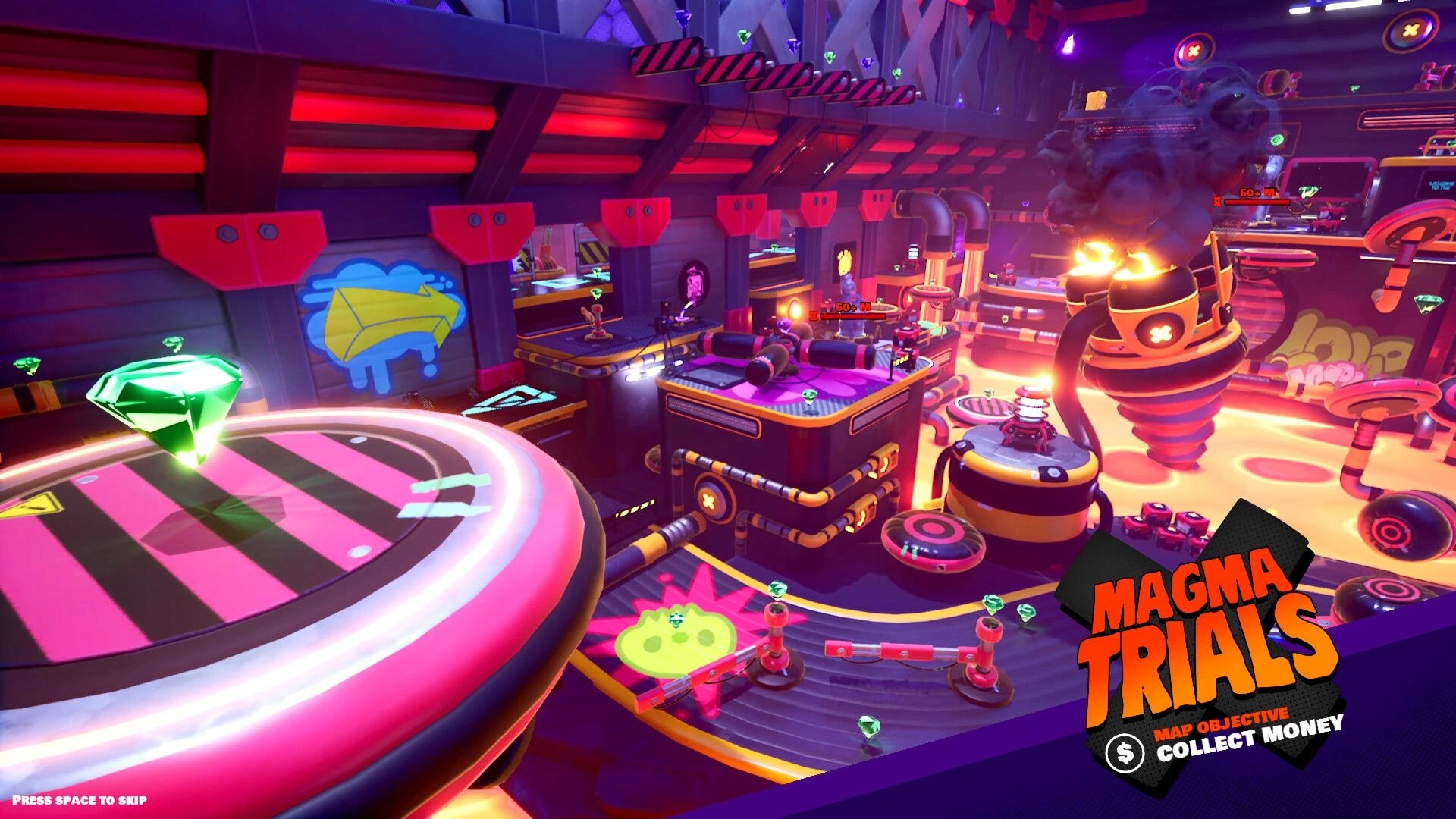 FOAD: Collecting green gems in vibrant industrial arena with platforms and glowing lava pits