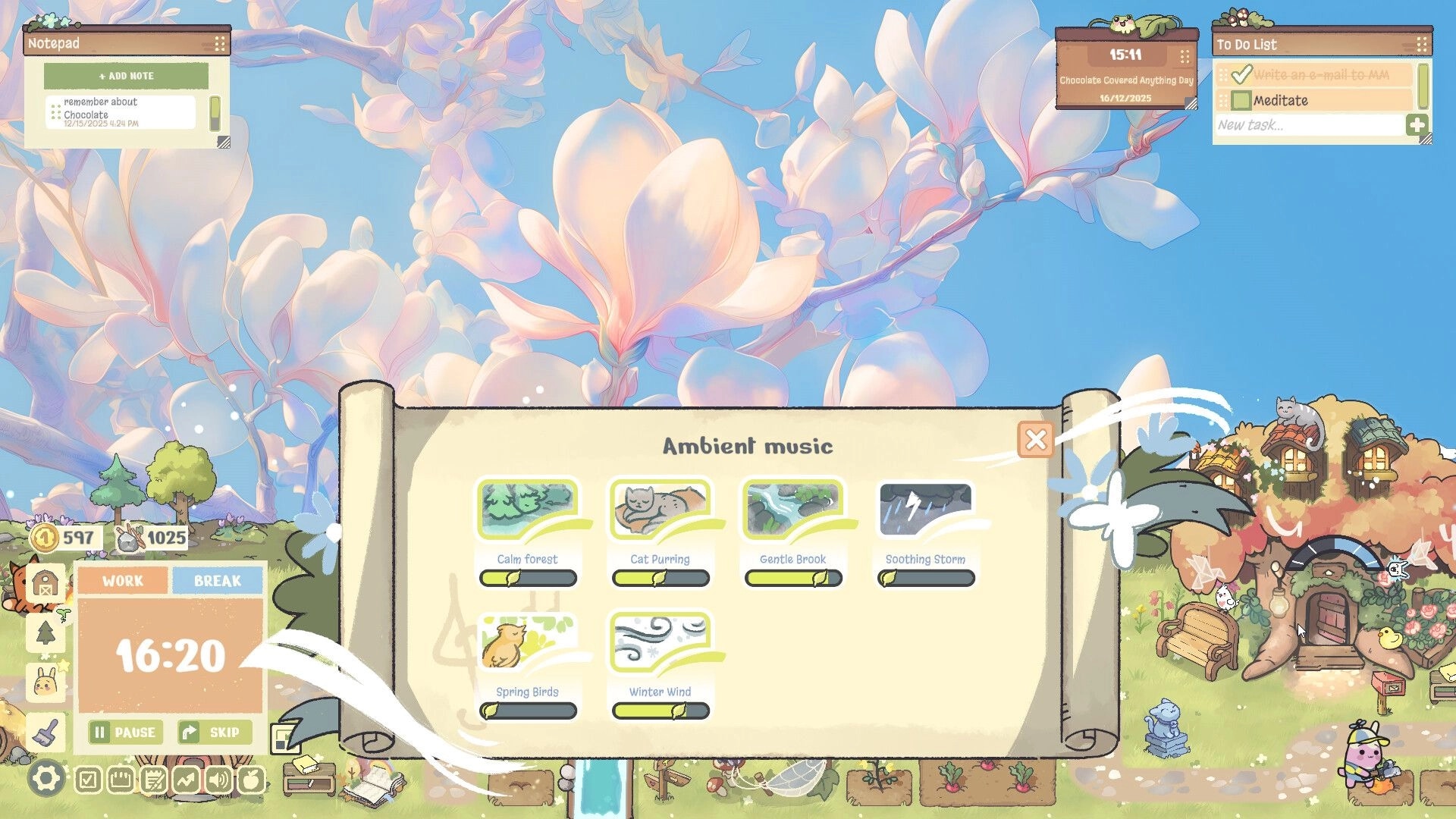 Focus Grove: Ambient music selection menu with various sound options in a cozy forest setting.