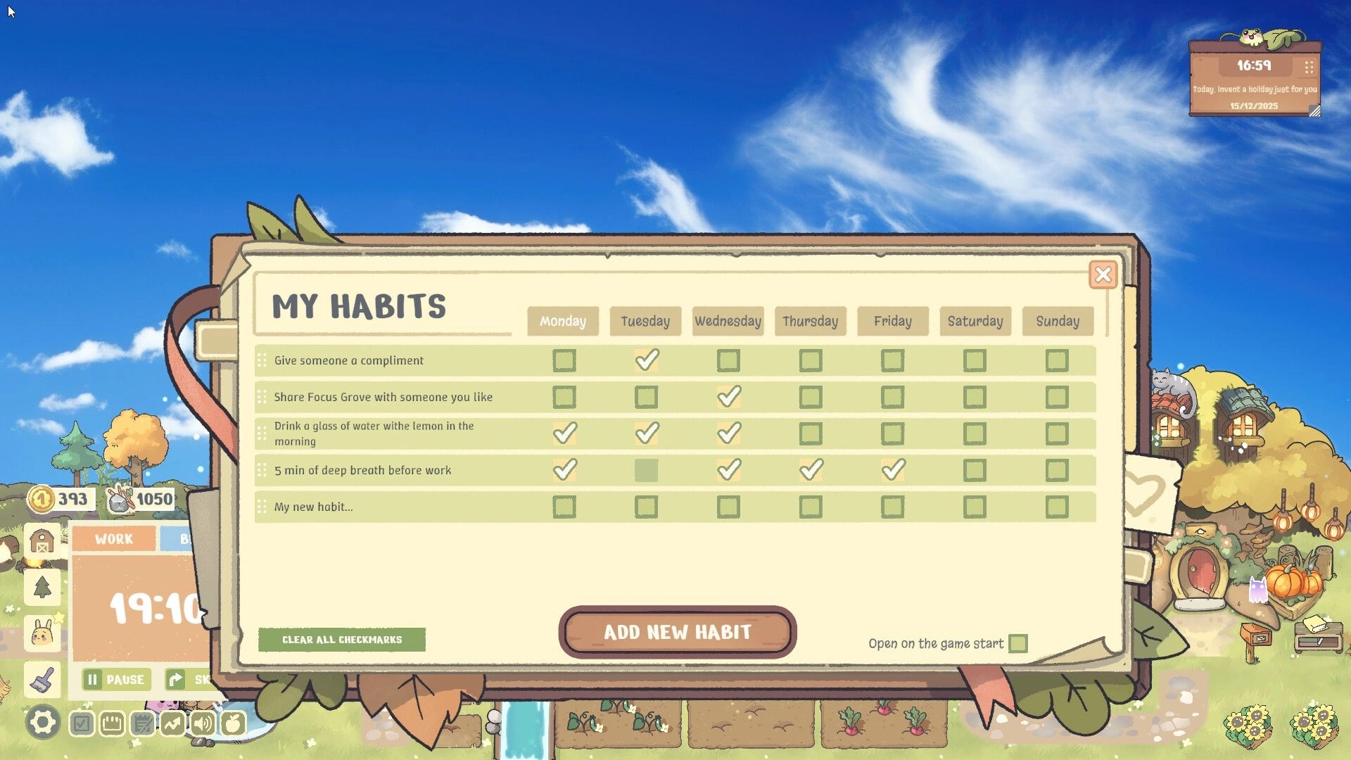 Focus Grove: Habit tracker interface with daily checklists and scenic farm background under blue sky